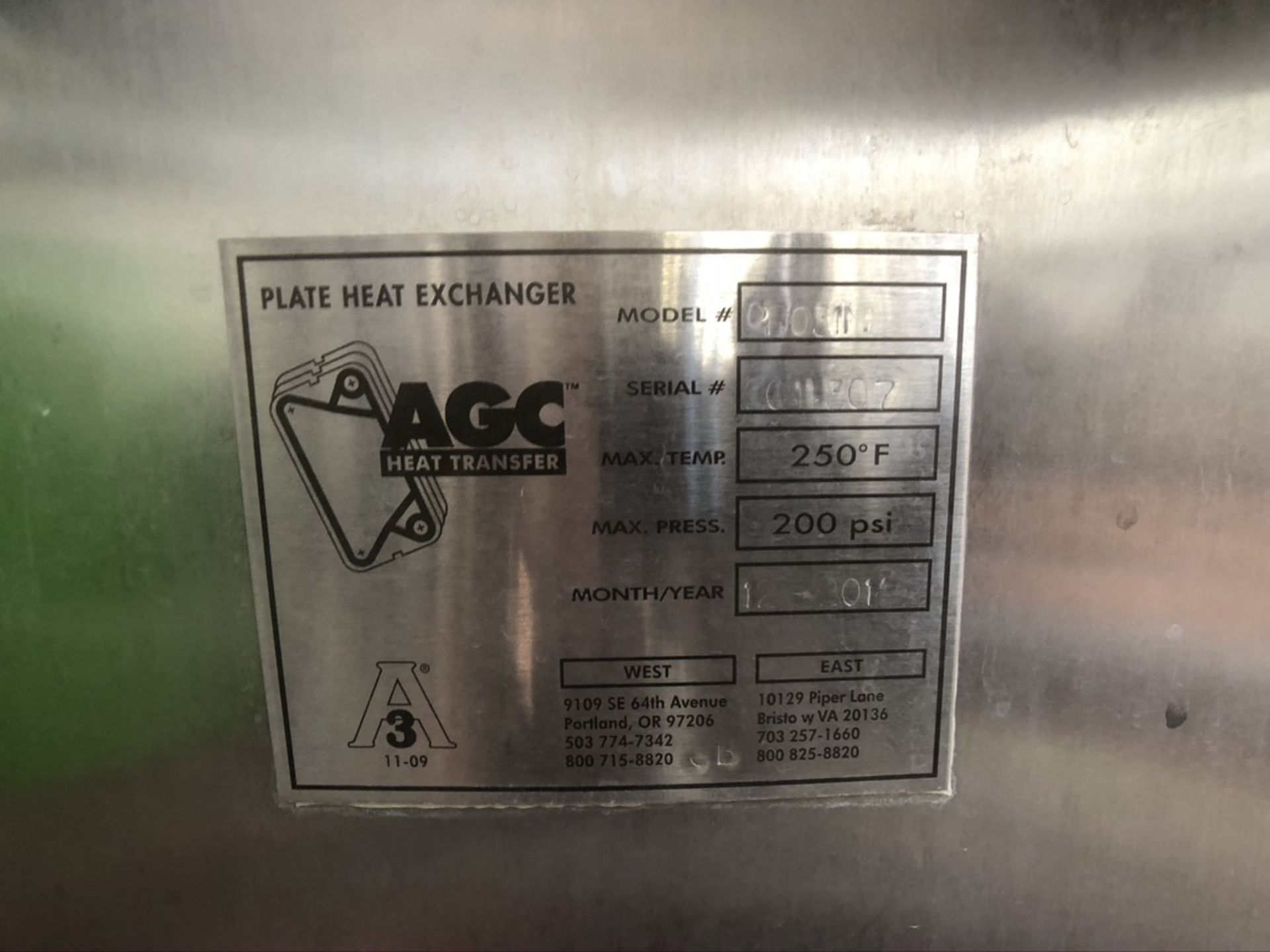 2014 AGC S/S PLATE FRAME HEAT EXCHANGER, MODEL PRO 31M, S/N C11-307, WITH (2) DIVIDERS MAX TEMP 250F - Image 3 of 9