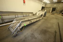 Aprox. 16' H Elevator Conveyor, Aprox. 32" W Frame, with S/S Clad Motor, with Bin of Plastic Cleated