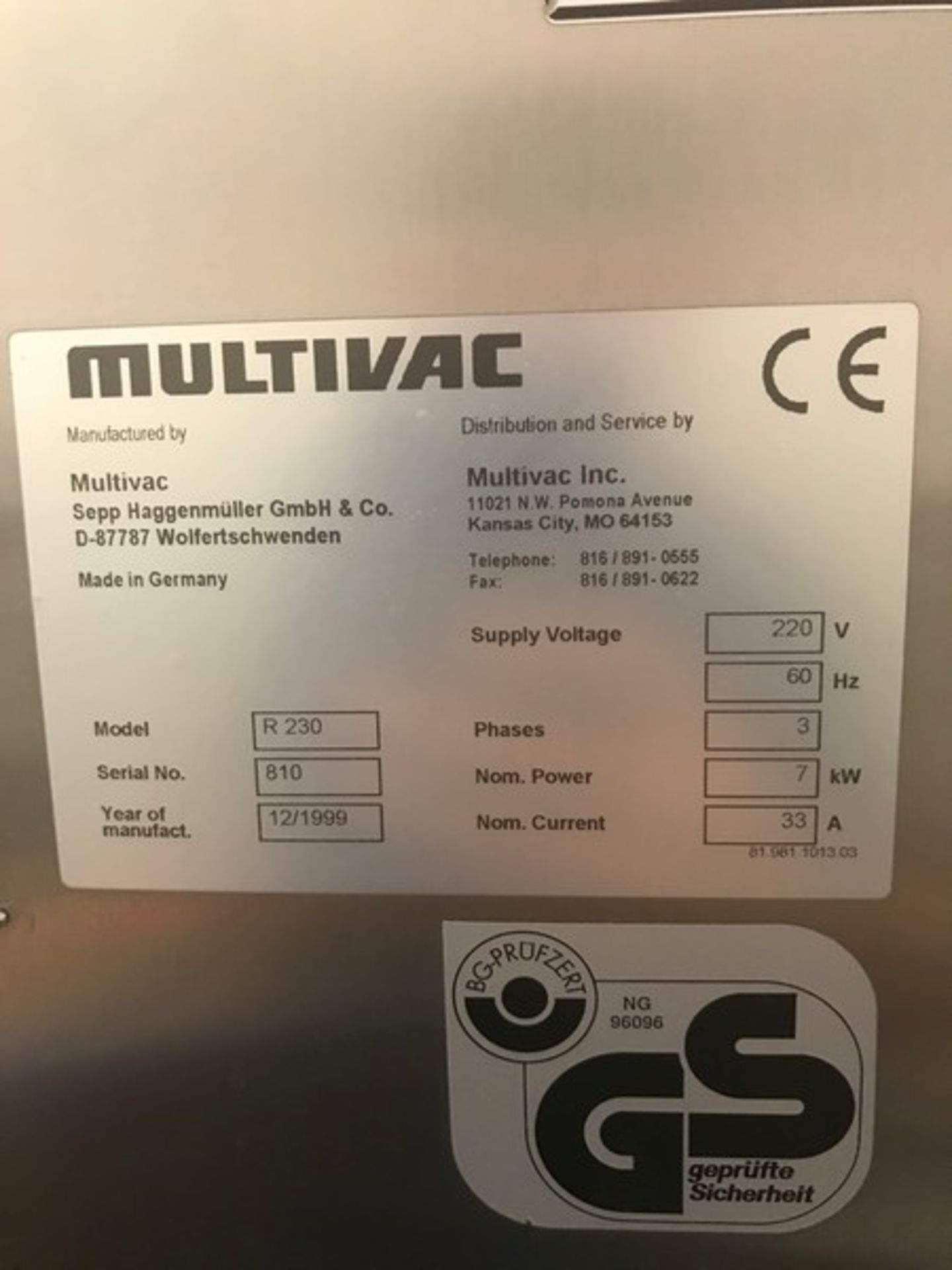 Multivac Vacuum Packaging Machine, Model R230, S/N 810, 220 V/60 Hz (1999) (Unit #96) (Located New - Image 7 of 7