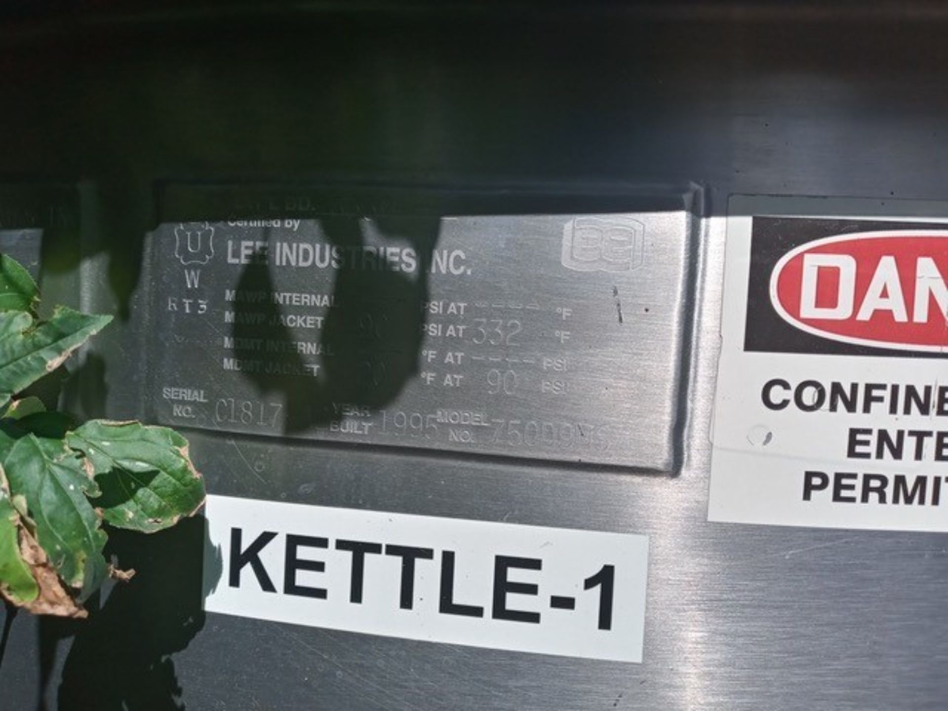 Lee 750 Gal. S/S Steam Jacketed Kettle, Model 750D9MS, S/N C1817, Aprox. Rated at 90 psi (Kettle - - Image 3 of 5