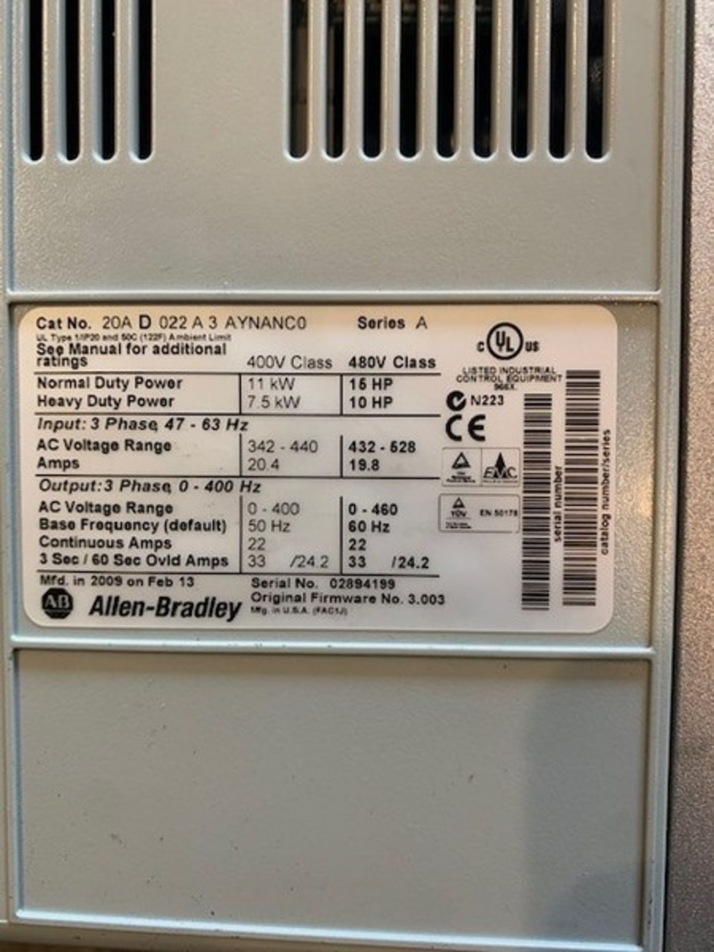 Allen Bradley PowerFlex 70 -15 hp VFD, Cat #20A D 022 A 3 AYNANCO, Series A, 480 V, 3 Phase (Appears - Image 3 of 3