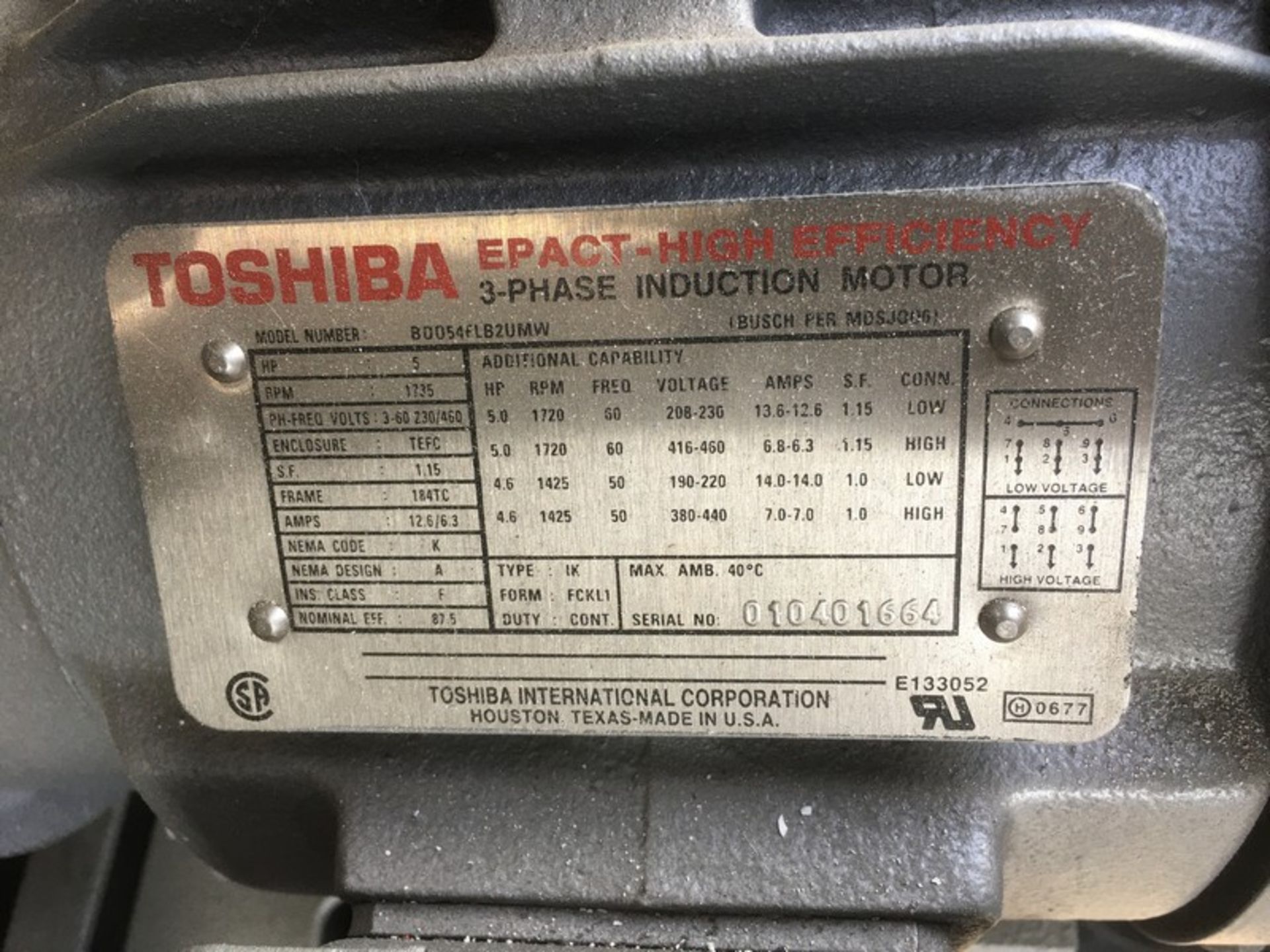 Busch 5 hp Vacuum System, Model D-6088, Drawing C-3276, with Toshiba 5 hp High Efficiency Motor, - Image 8 of 10