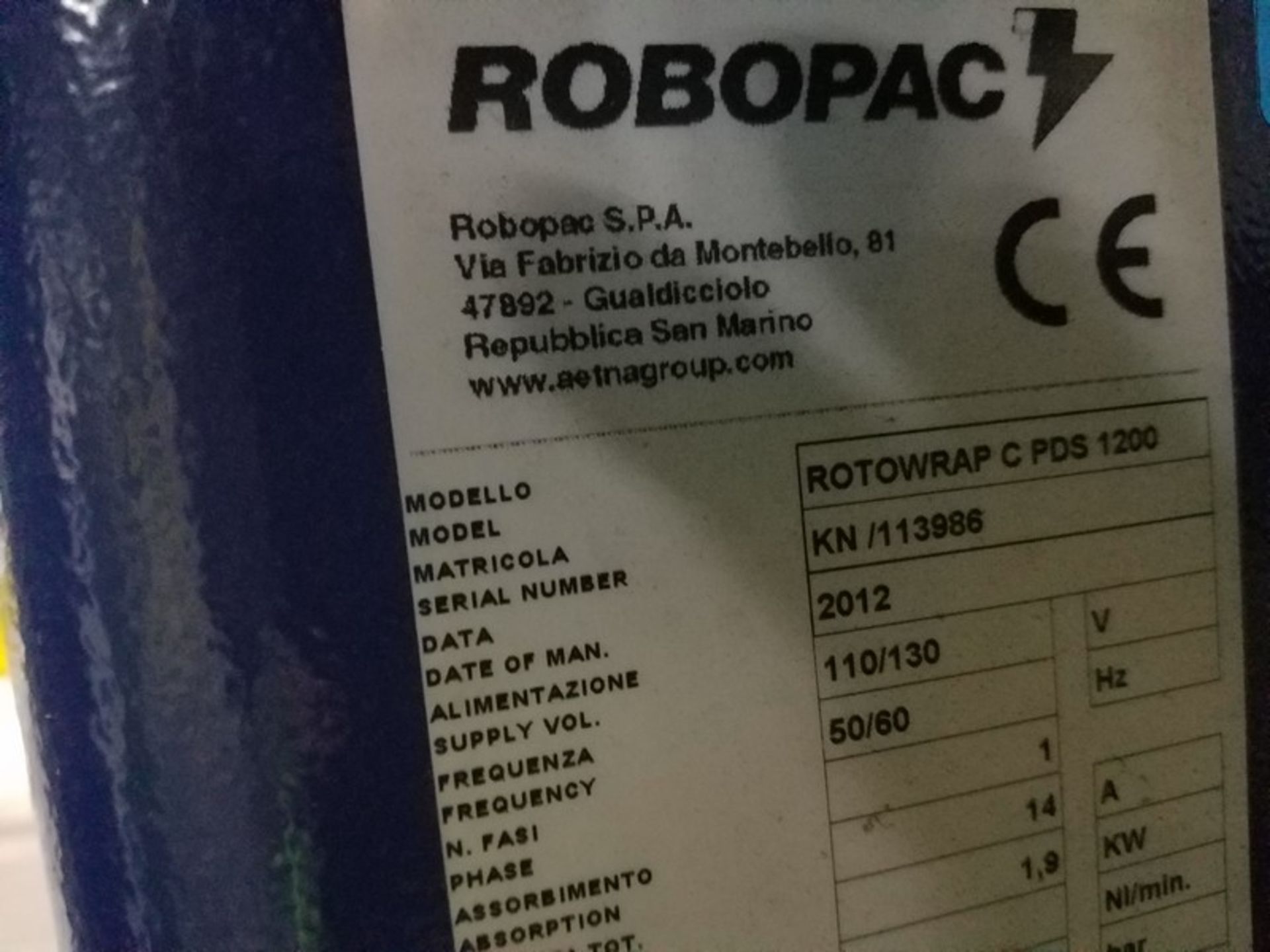 Robopak Rotowrap CPDS1200 over head pallet wrapper, pre-strch, serial # KN/113986, 110" height, - Image 5 of 5
