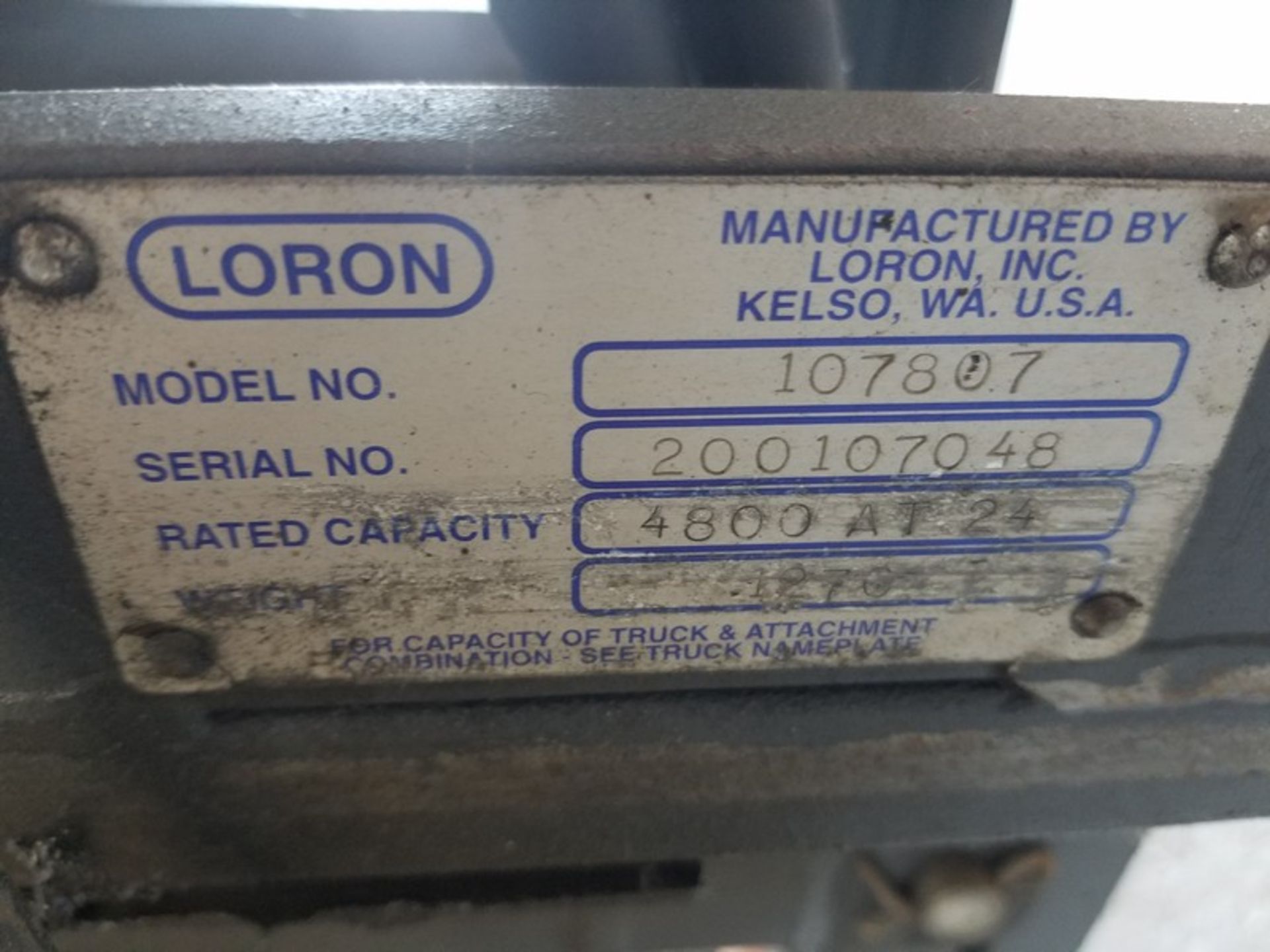 Loran 107807 forklift slip sheet attachment, serial # 206107040, rated capacity 4800 lbs. At 24 - Image 5 of 5