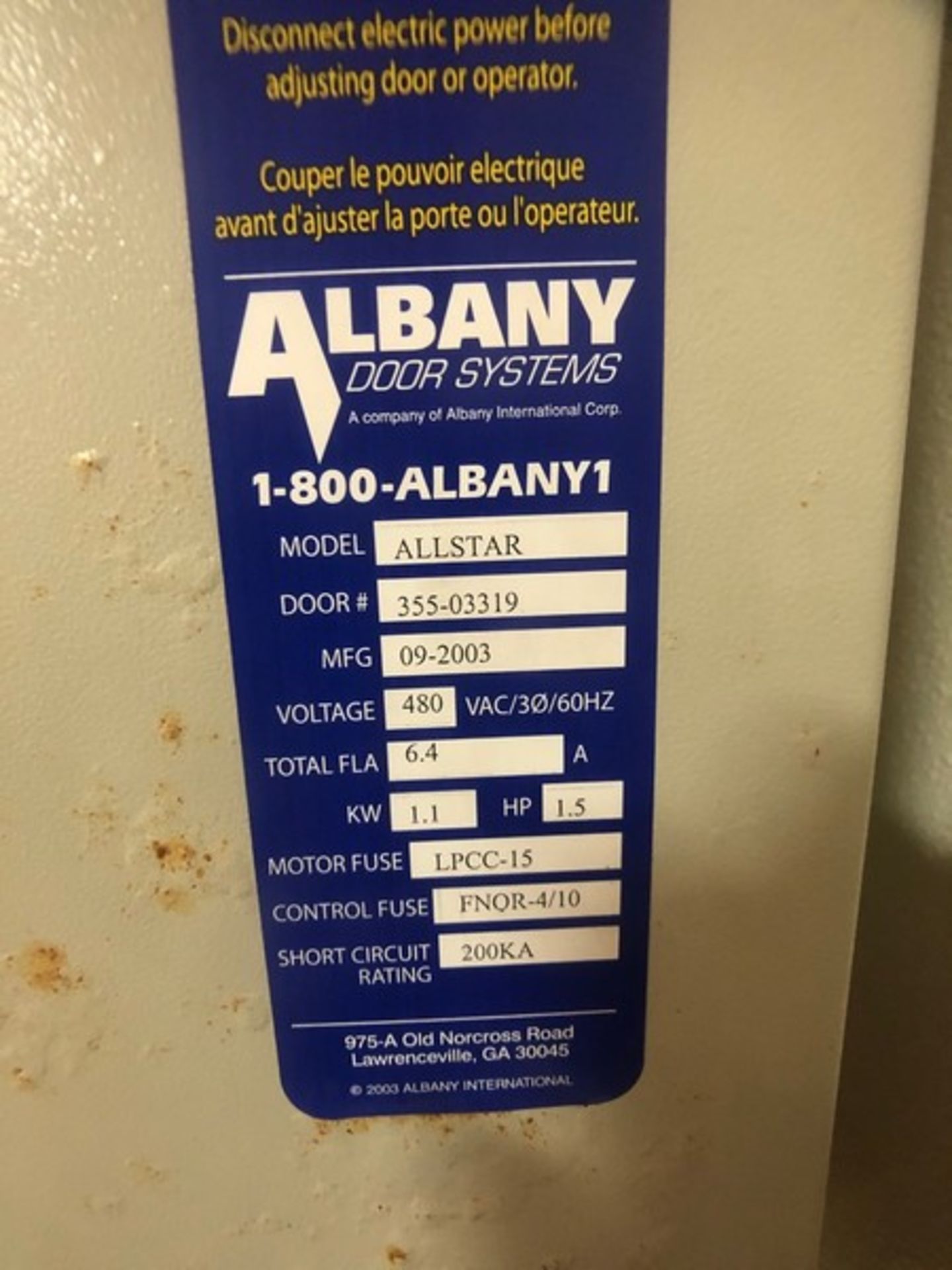 (1) ALBANY ELECTRIC RAPID ROLL DOOR, MODEL ALLSTAR, DOOR # 355-03319, APPX. H 139'' - Image 5 of 5