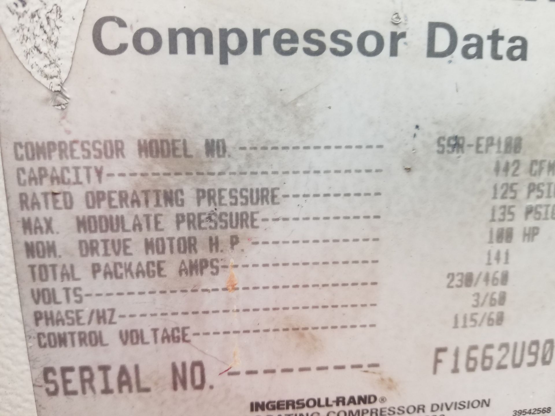 Ingersoll rand SSR-EP100 rotary screw air compressor, serial # F1662U90, volt 230/460, 3-phase, idle - Image 4 of 5