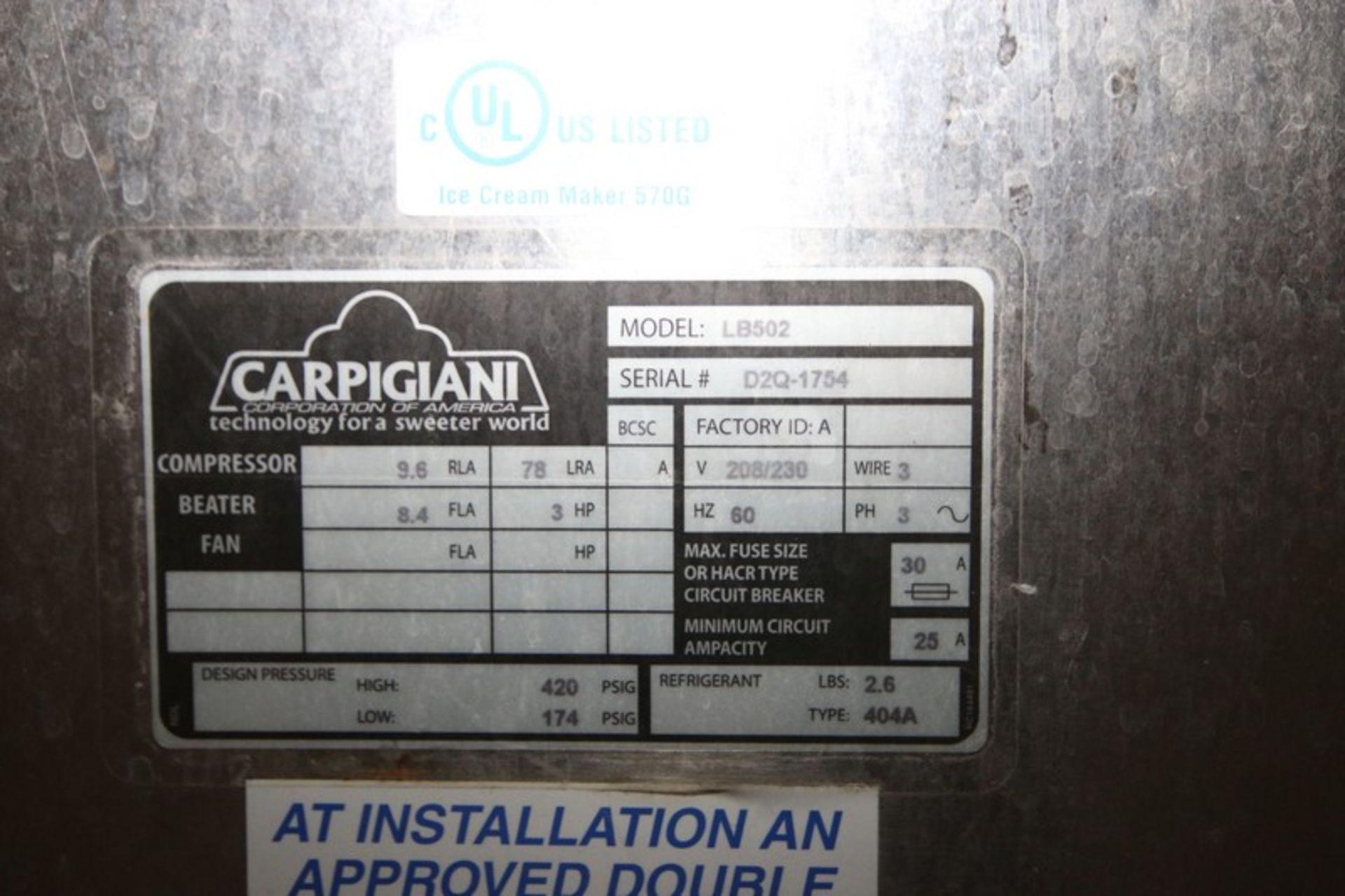 Carpigiani S/S Ice Cream Freezer, M/N LB502, S/N D2Q-1754, 208/230 Volts, 3 Phase, Refrigerant: 404A - Image 12 of 13