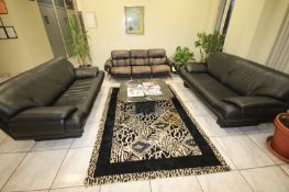 Waiting Area Furniture, Includes (3) Leather Couches, (1) Area Rug, and (1) Coffee Table (Old Tag #