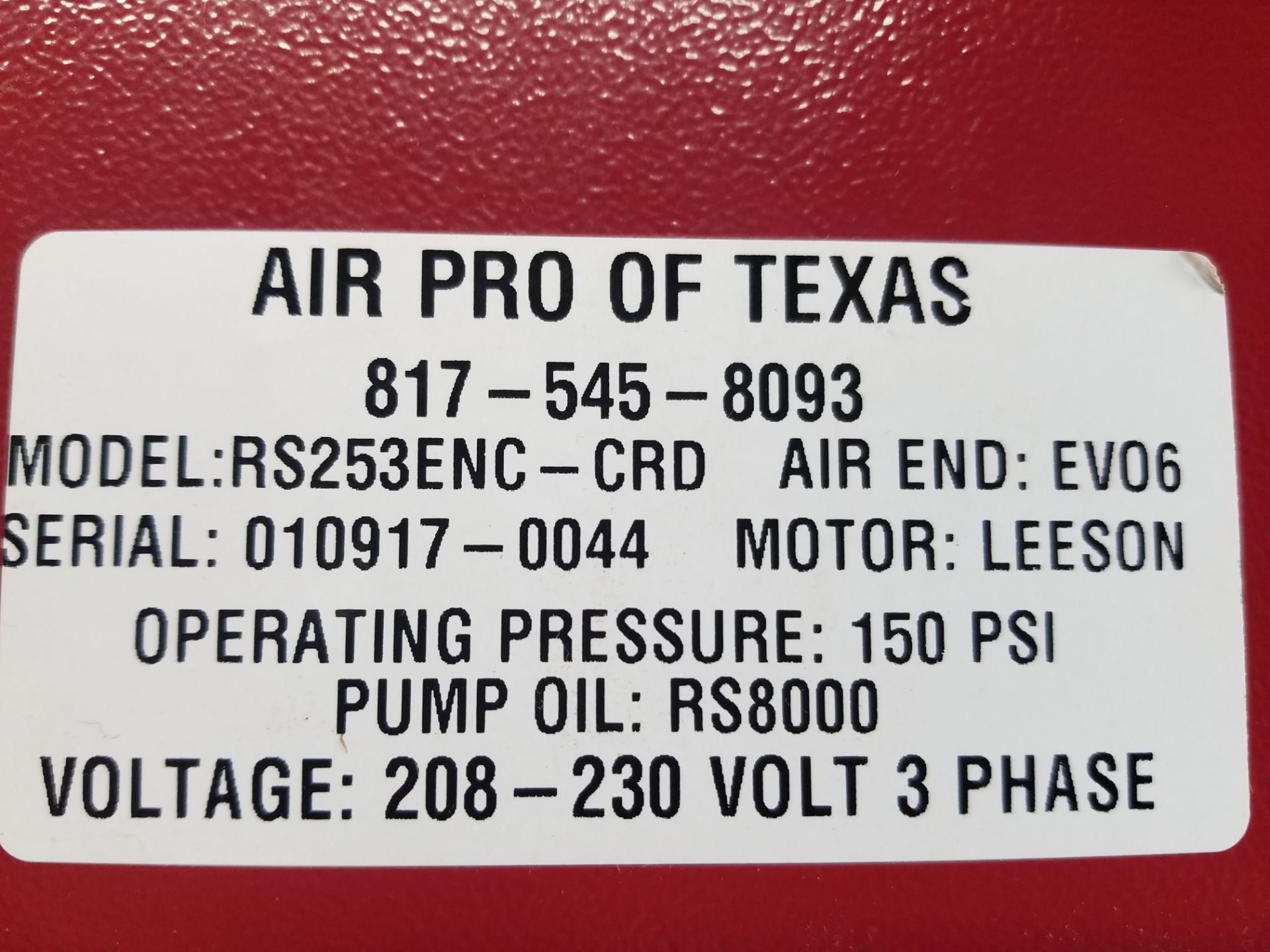Air Pro RS253 ENC-CRD rotary screw air compressor, 25 hr., yr., 2016, serial # 010917-0044, volt - Image 5 of 7