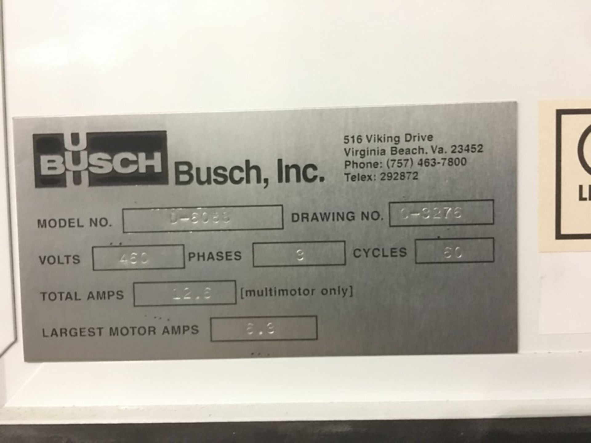 Busch 5 hp Vacuum System, Model D-6088, Drawing C-3276, with Toshiba 5 hp High Efficiency Motor, - Image 10 of 10