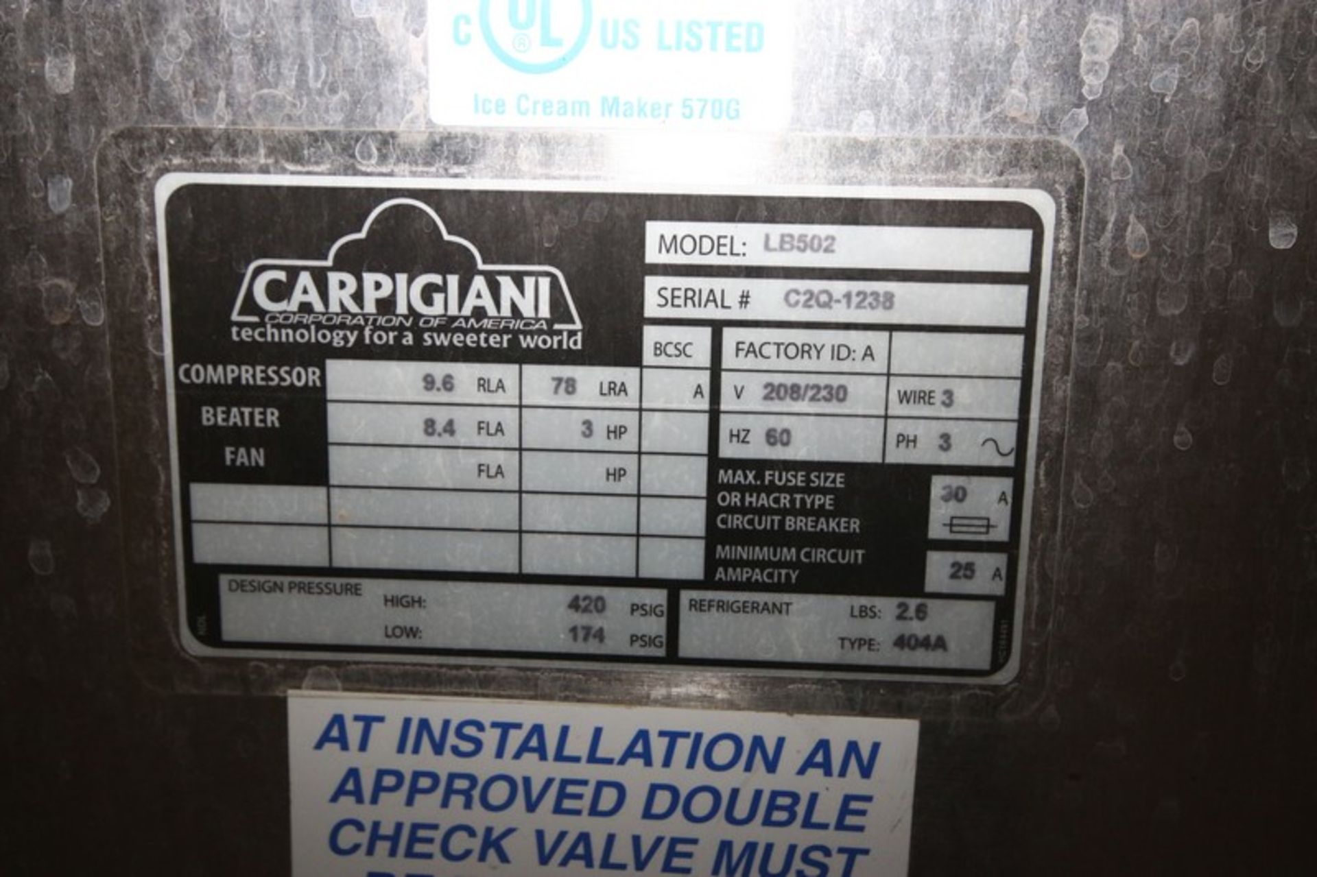 Carpigiani S/S Ice Cream Freezer, M/N LB502, S/N C2Q-1238, Design Pressure: High 420 PSIG, Low 174 - Image 9 of 9