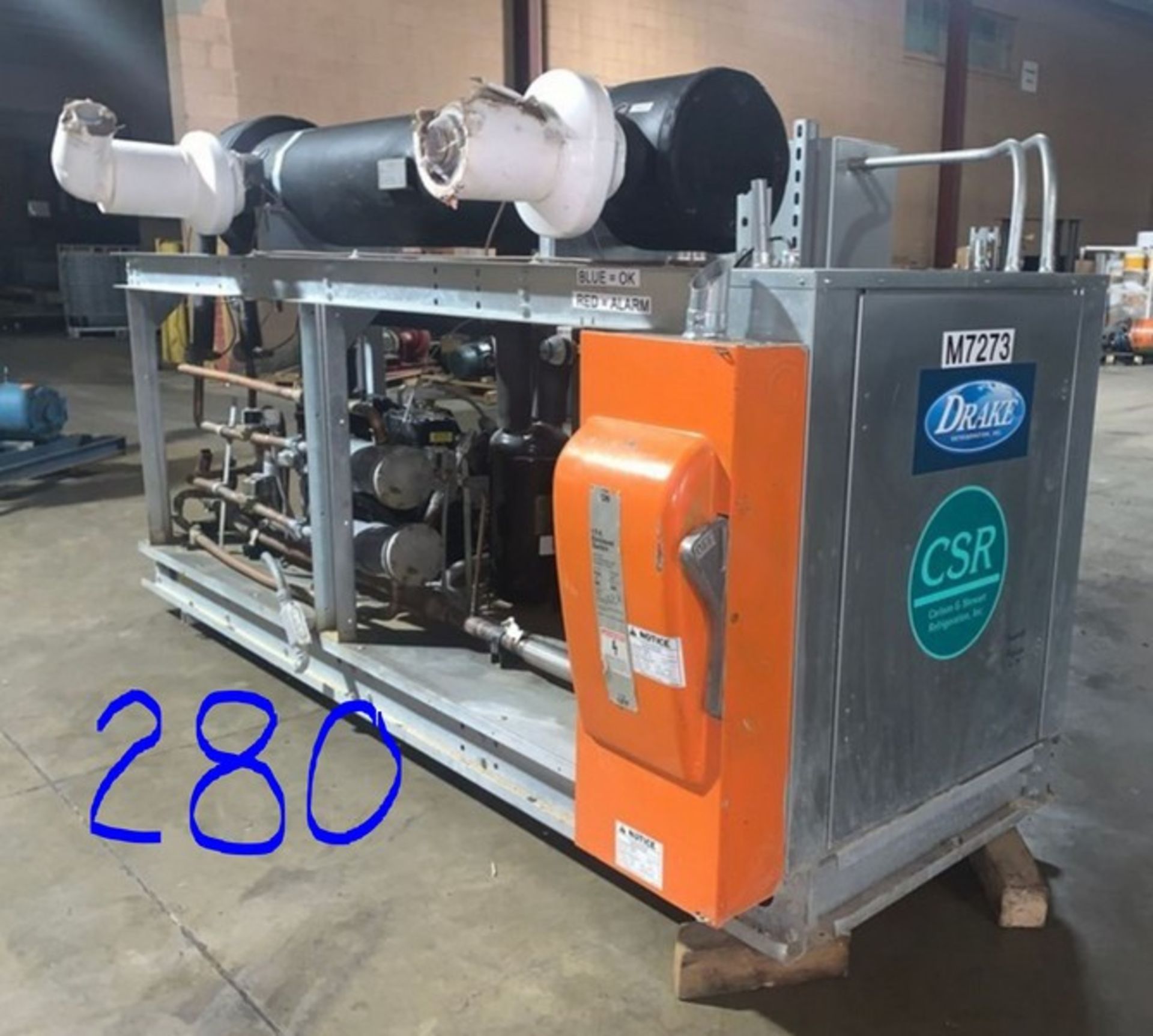 Drake 60 Ton Chiller 2014 with two Copeland compressors missing cover plates and heat exchanger (