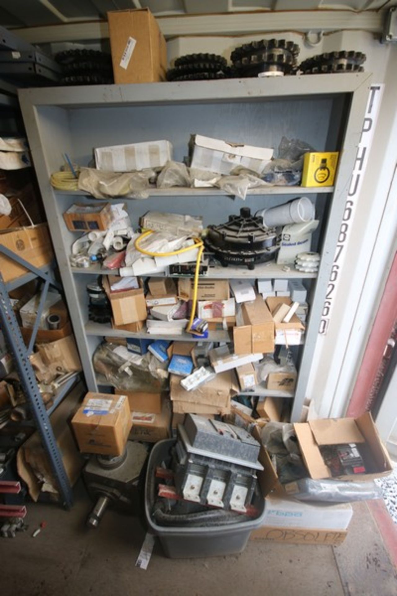 Assorted Spare Parts on 4-Shelving Units, Includes Sprockets, Gauges, Valves, Bearings, Motors, - Image 4 of 17