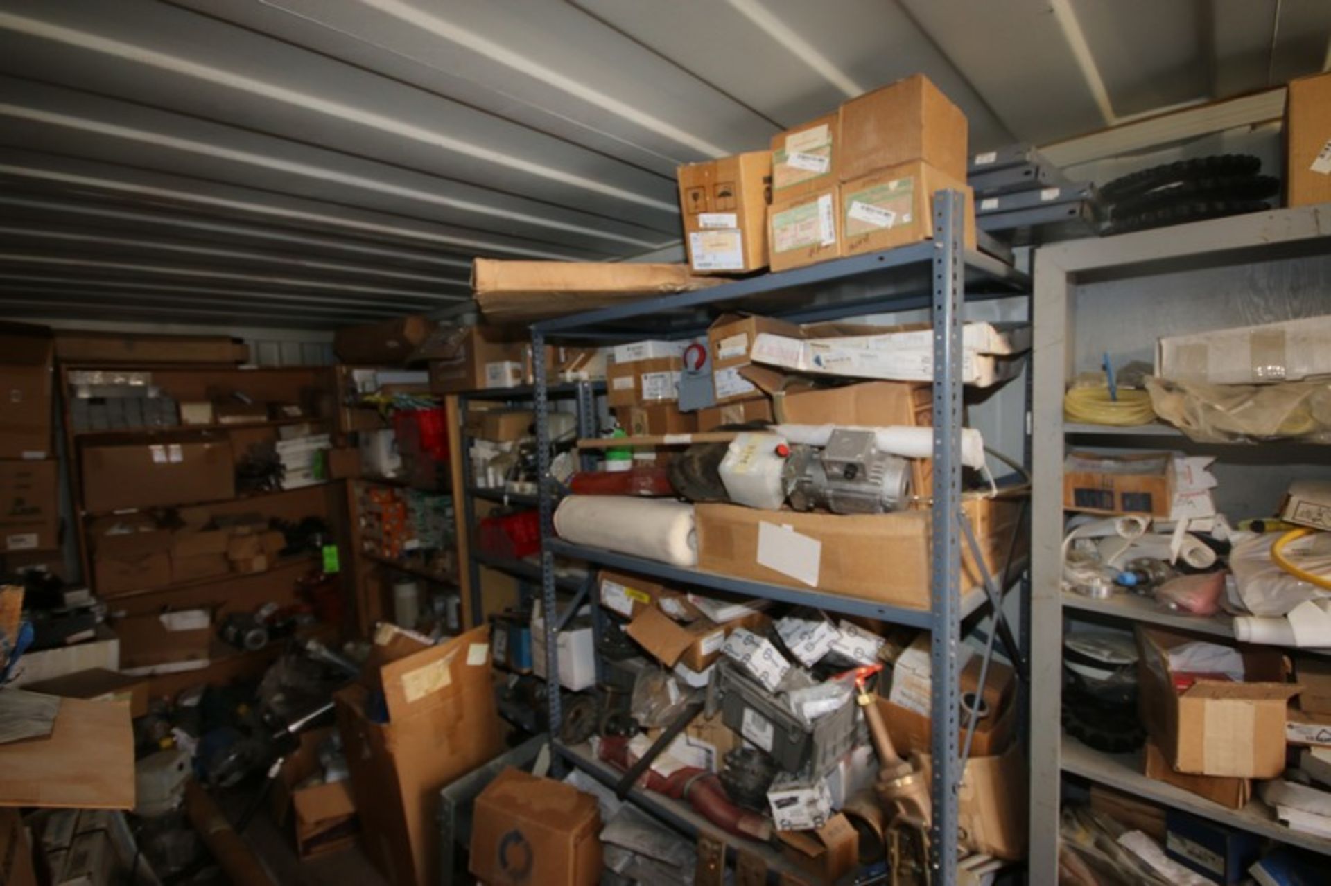 Assorted Spare Parts on 4-Shelving Units, Includes Sprockets, Gauges, Valves, Bearings, Motors, - Image 3 of 17