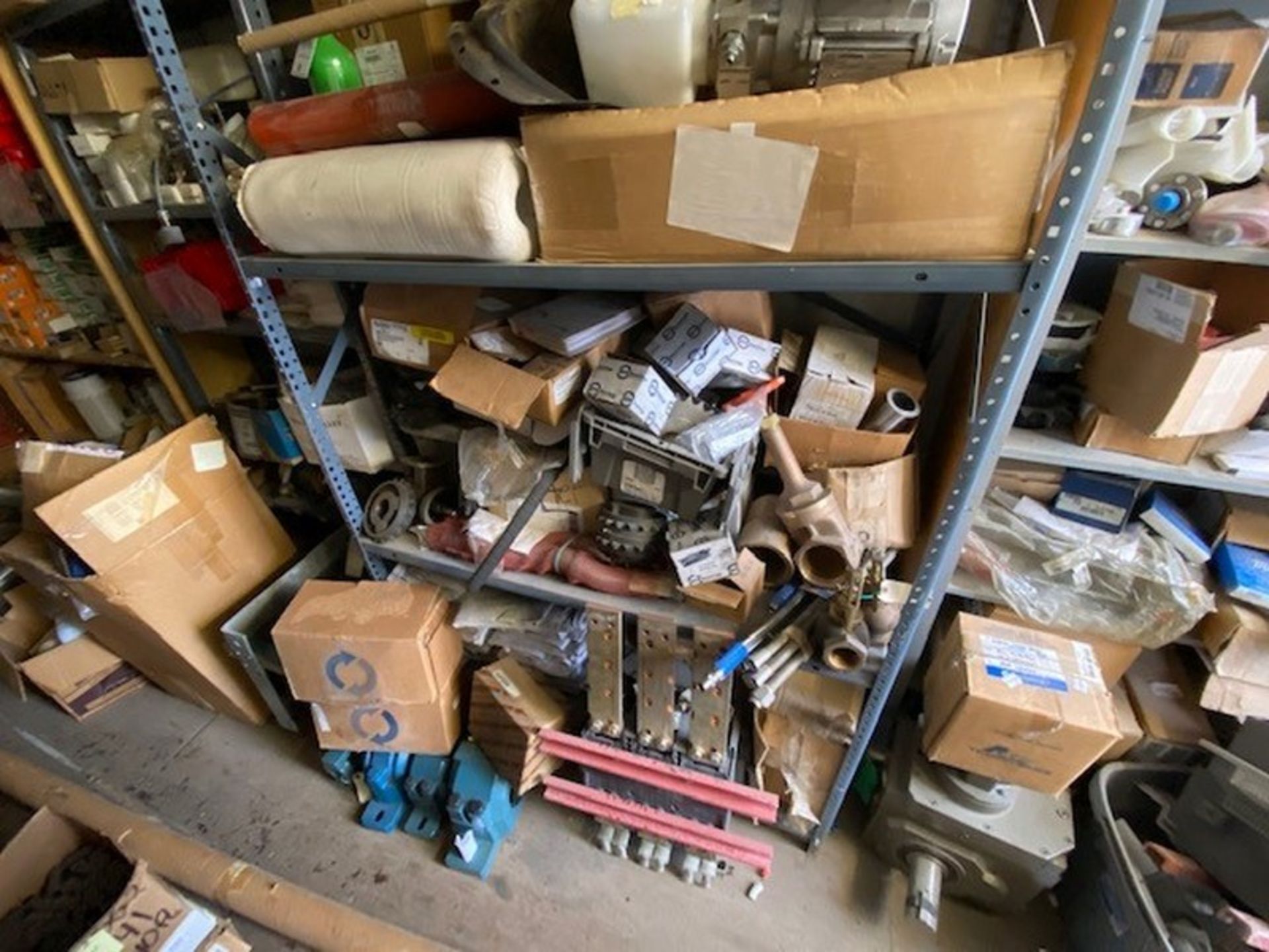 Assorted Spare Parts on 4-Shelving Units, Includes Sprockets, Gauges, Valves, Bearings, Motors, - Image 10 of 17