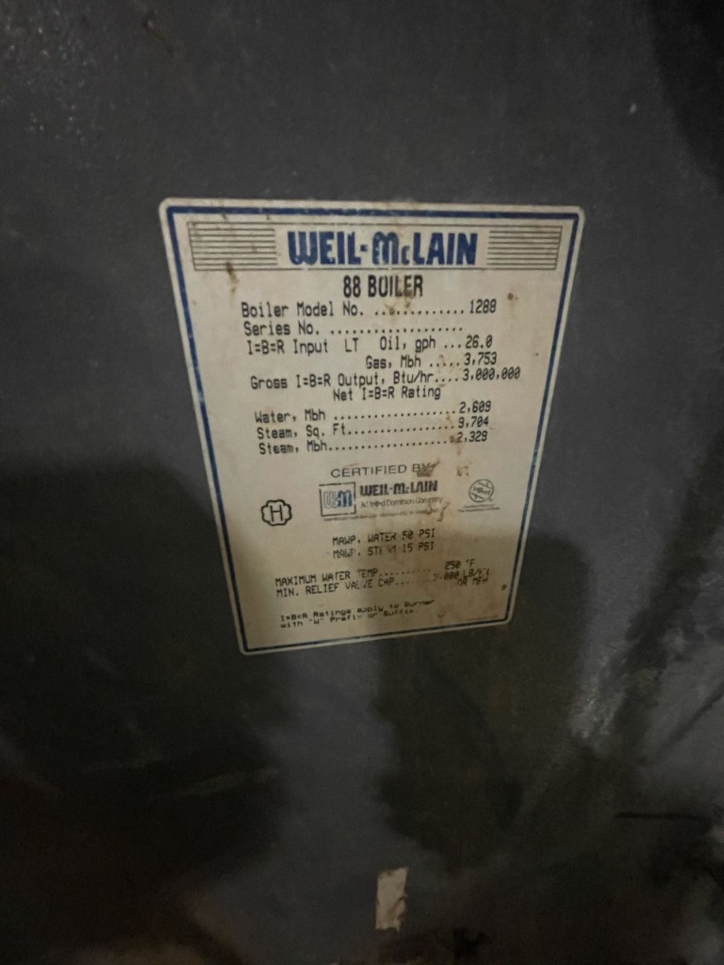 WEIL-MCLAIN POWERFLAME GAS HOT WATER BOILER, Model 1288, 20-HP, 3,000,000 BTU/HR, 9,704 STEAM SQ F - Image 7 of 9