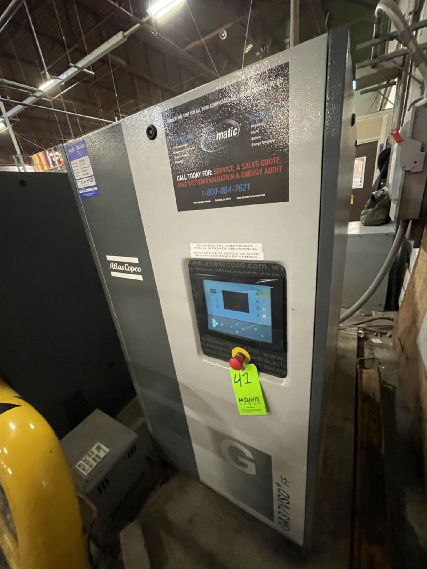 2018 ATLAS COPCO AIR COMPRESSOR, MODEL GA37VSD+ FF, S/N AP1838321, 50 HP, 185 PSI, 9000 R/MIN - Image 2 of 8