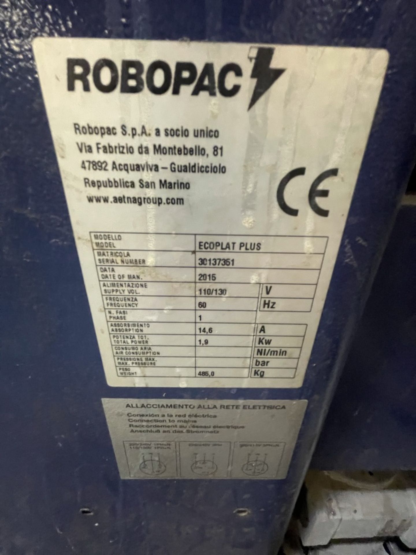 2015 ROBOPAC TURNTABLE PALLET WRAPPER, MODEL ECOPLAT PLUS, S/N 30137361, 110/130 V - Image 6 of 8