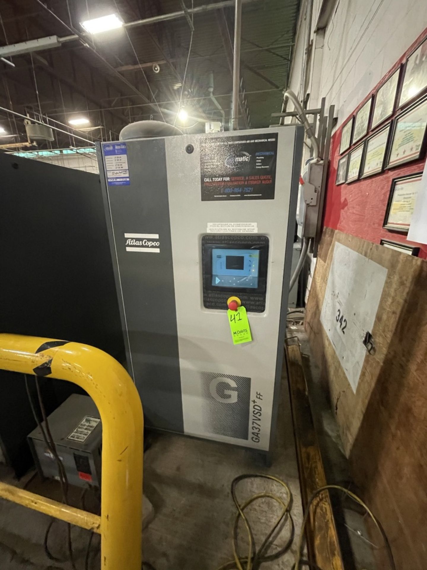 2018 ATLAS COPCO AIR COMPRESSOR, MODEL GA37VSD+ FF, S/N AP1838321, 50 HP, 185 PSI, 9000 R/MIN