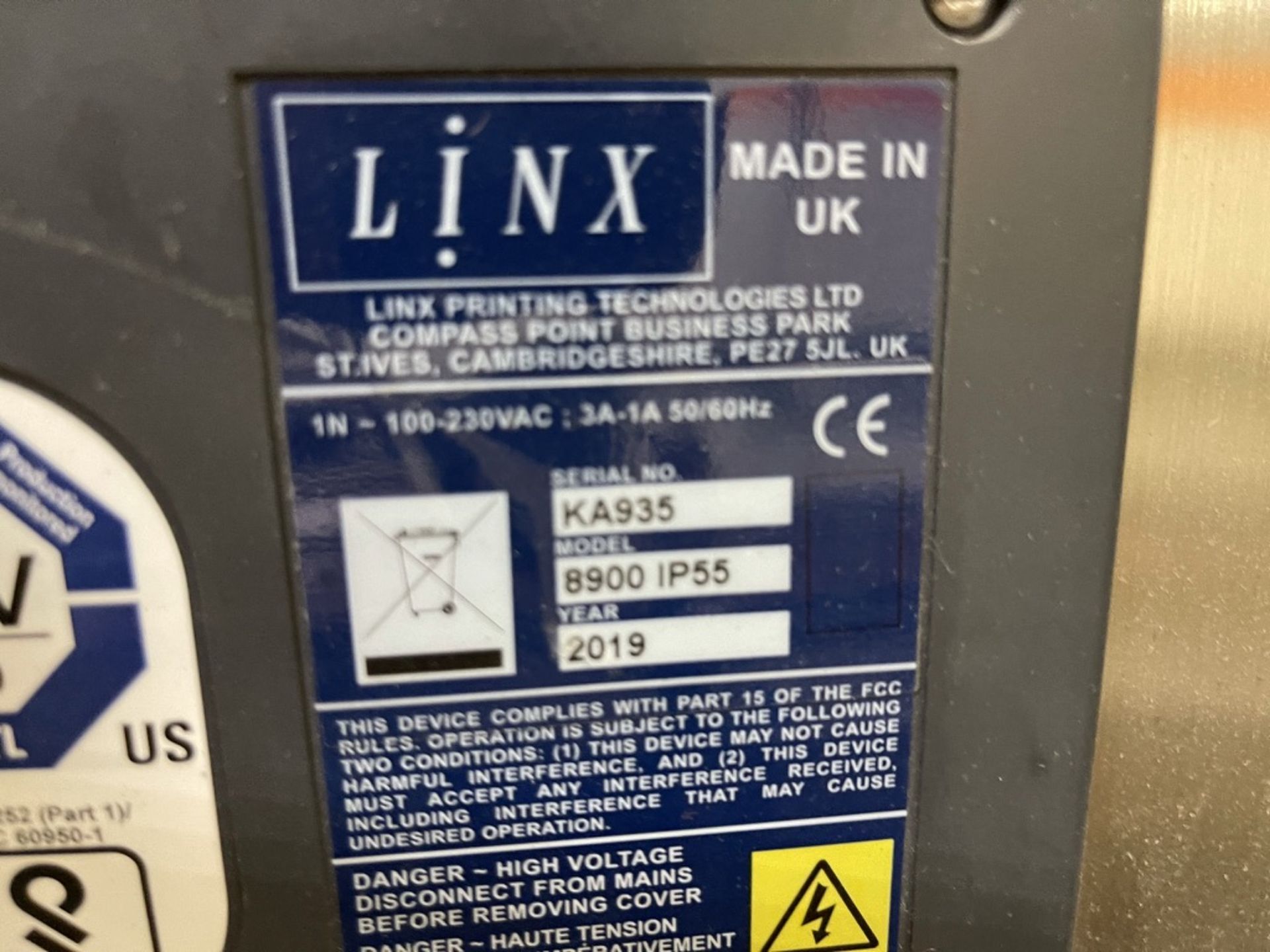 2019 LINX DATE CODER, MODEL 8900 IP55, S/N KA935 - Image 6 of 6