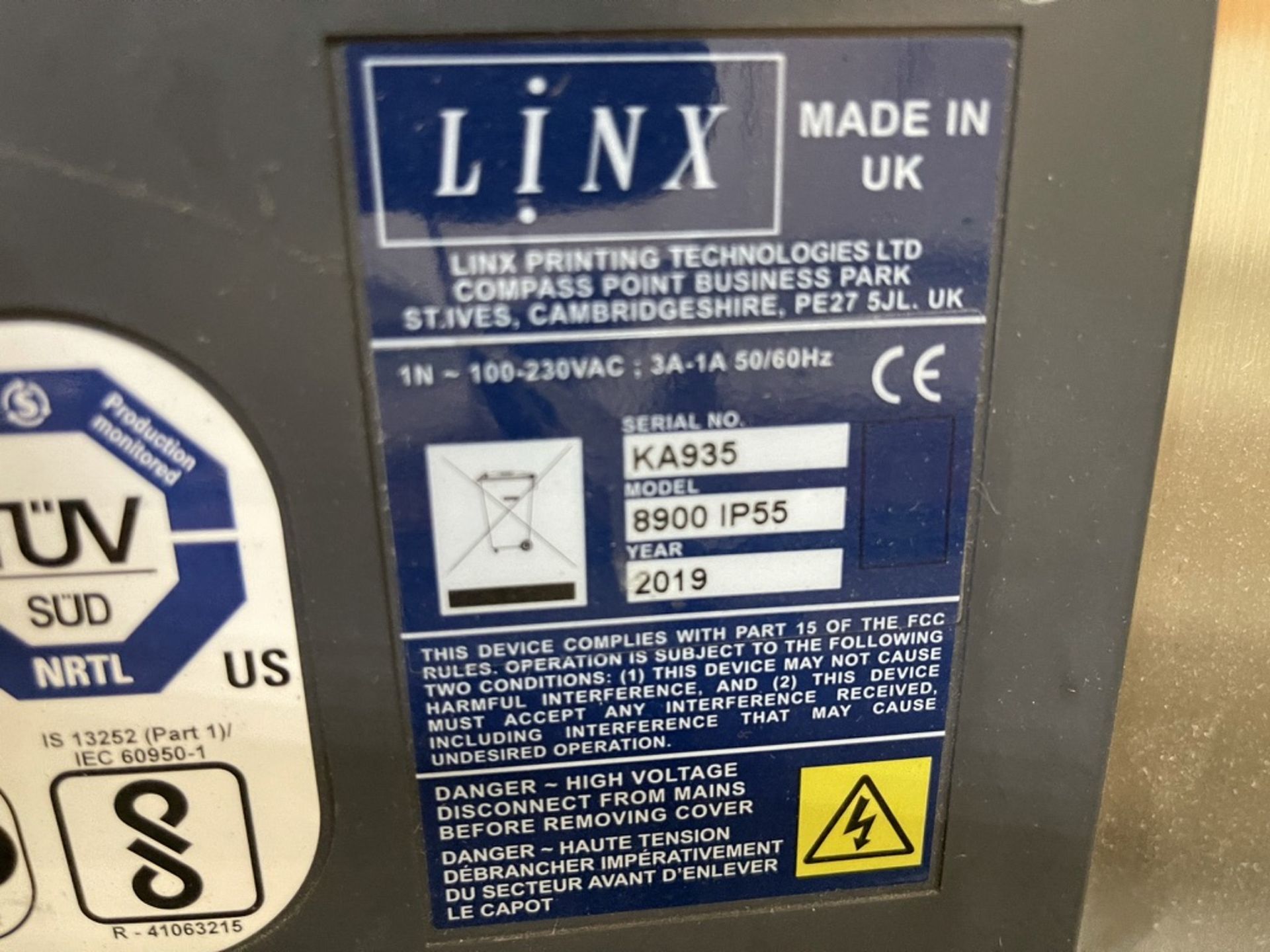 2019 LINX DATE CODER, MODEL 8900 IP55, S/N KA935 - Image 5 of 6