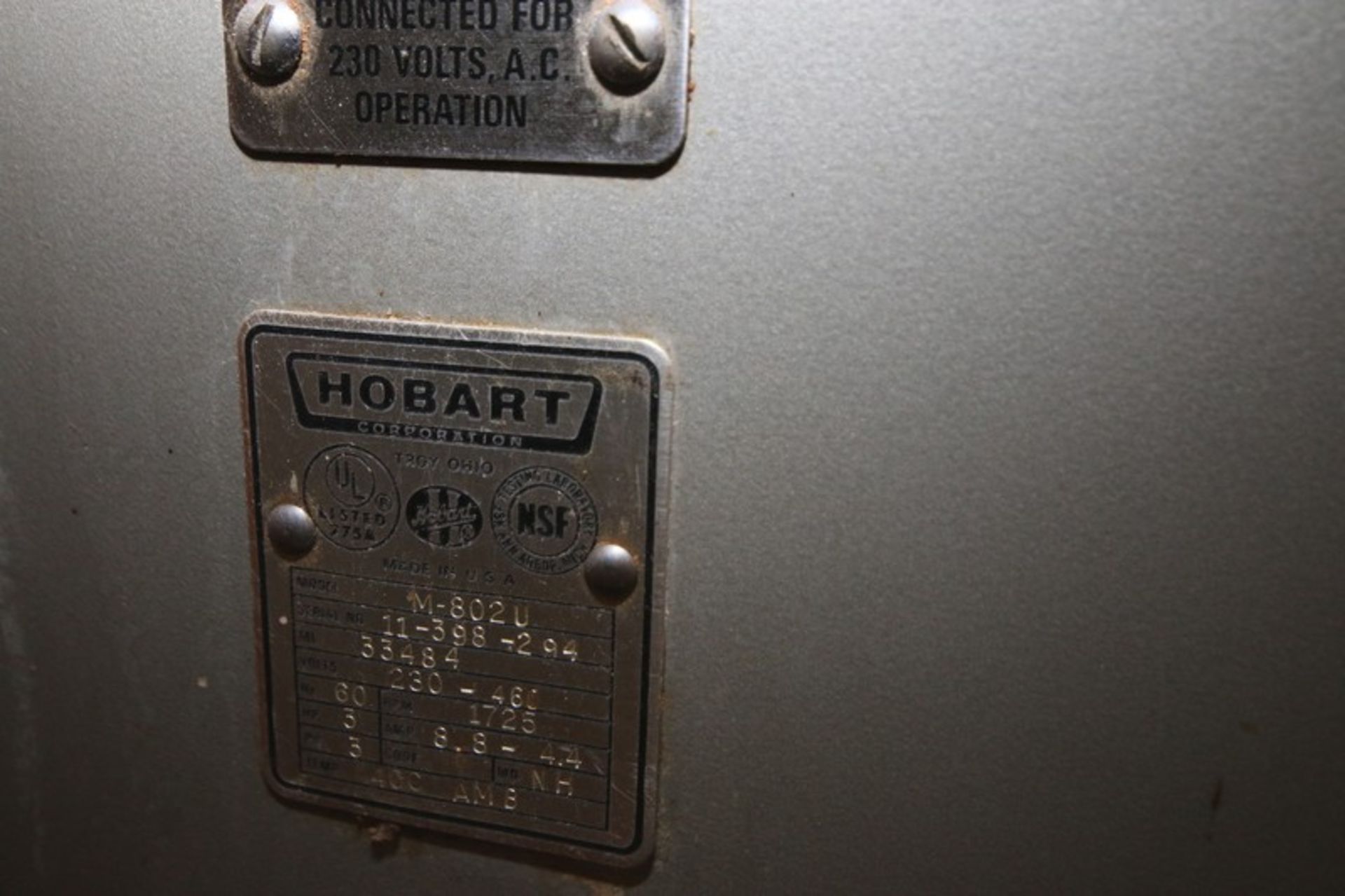 Hobart Commercial Mixer, M/N M-802U, S/N 11-398-294, with 3 hp Motor, with S/S Mixing Bowl & Bowl - Image 7 of 9