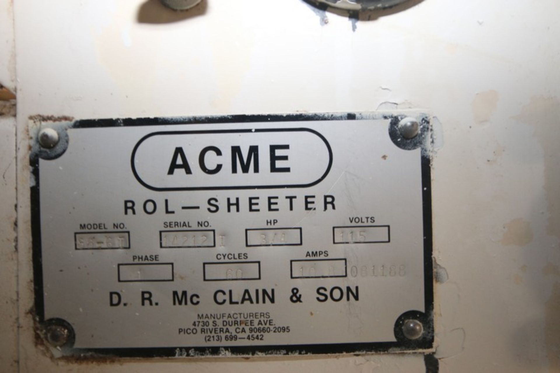 Acme Roll & Loaf Sheeter, M/N 88-6I, S/N 14212 I, 115 Volts, 1 Phase, with Aprox. 23" W Belt, - Image 3 of 7