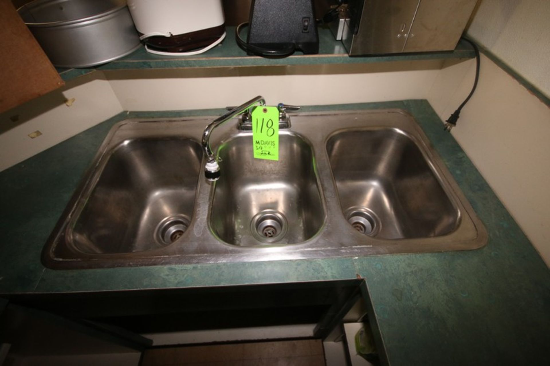 S/S Triple Bowl Sink, Counter Mounted, Overall Dims.: Aprox. 37" L x 19-1/2" W x 12" H (Located in