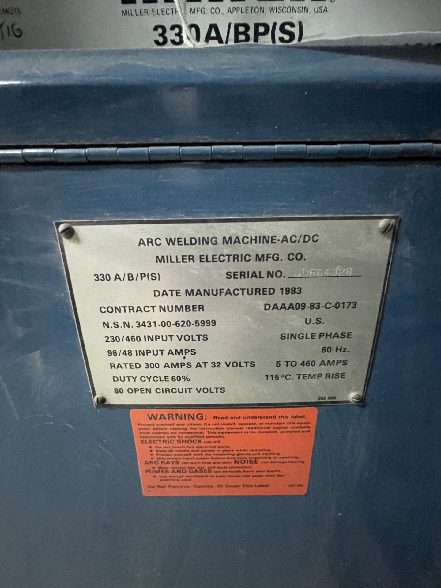 MILLER ARC WELDER, MODEL A/B/P(S), S/N JD664328, (Non-Negotiable Rigging, Packaging and Loading Fee: - Image 4 of 6