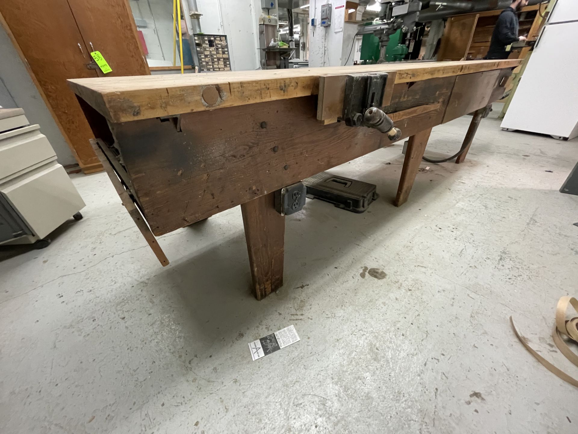 WOODEN WORKSHOP TABLE (MADE IN SHOP) WITH VICE ATTACHED, APPX DIMENSIONS 121''L x 41''W x 33''H ( - Image 7 of 9