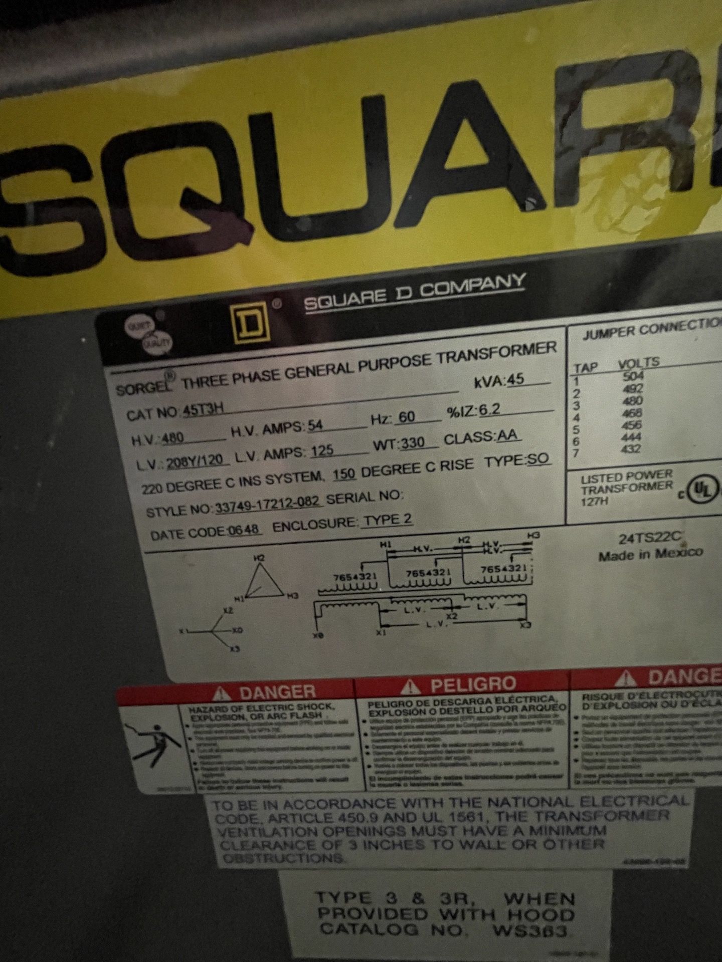 SQUARE D TRANSFORMER, 3 PHASE, 480/208/120, 45 KVA (PREVIOUSLY USED WITH THERMWOOD CNC LOT 2) (Non- - Image 4 of 6