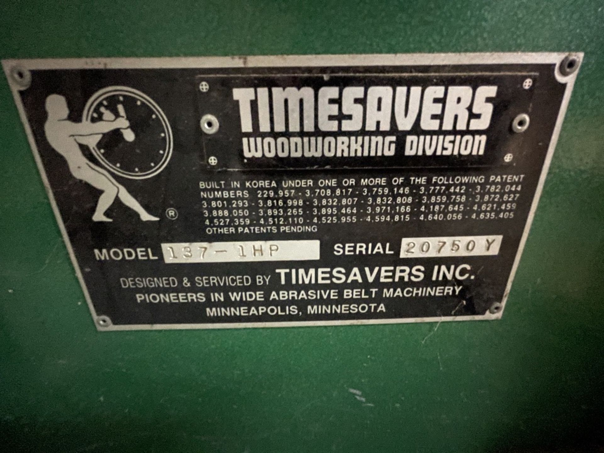 TIMESAVERS WIDEBELT SANDER, MODEL 137-1HP, SERIAL NO. 207501, LEESON MOTOR 20 HP, 1750 RPM, 208- - Image 17 of 22