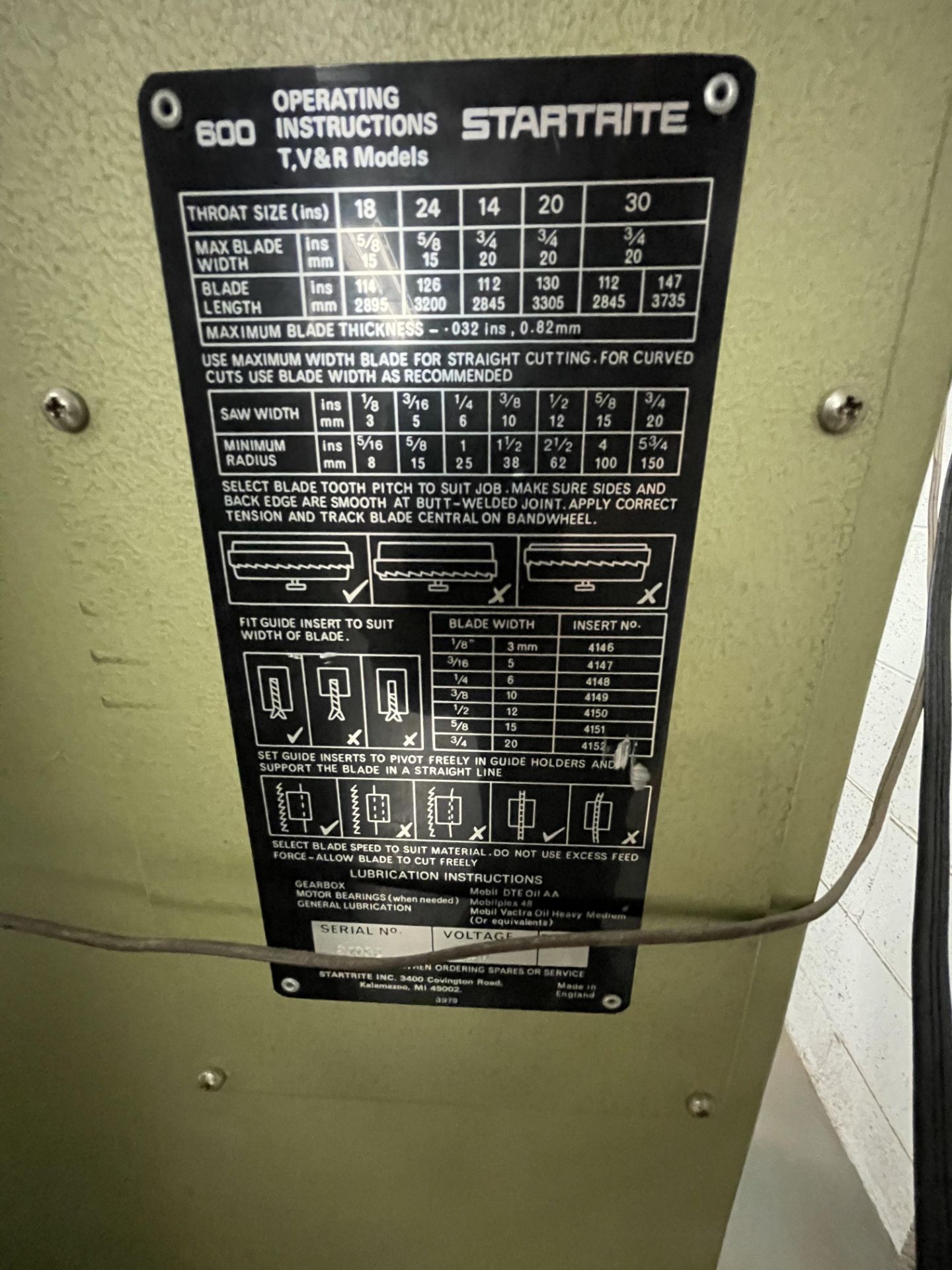 STARTRITE VERTICAL BANDSAW, MODEL 30RWS, S/N 90032, WITH STARTRITE WELDING UNITE BSO.25, S/N - Image 18 of 19