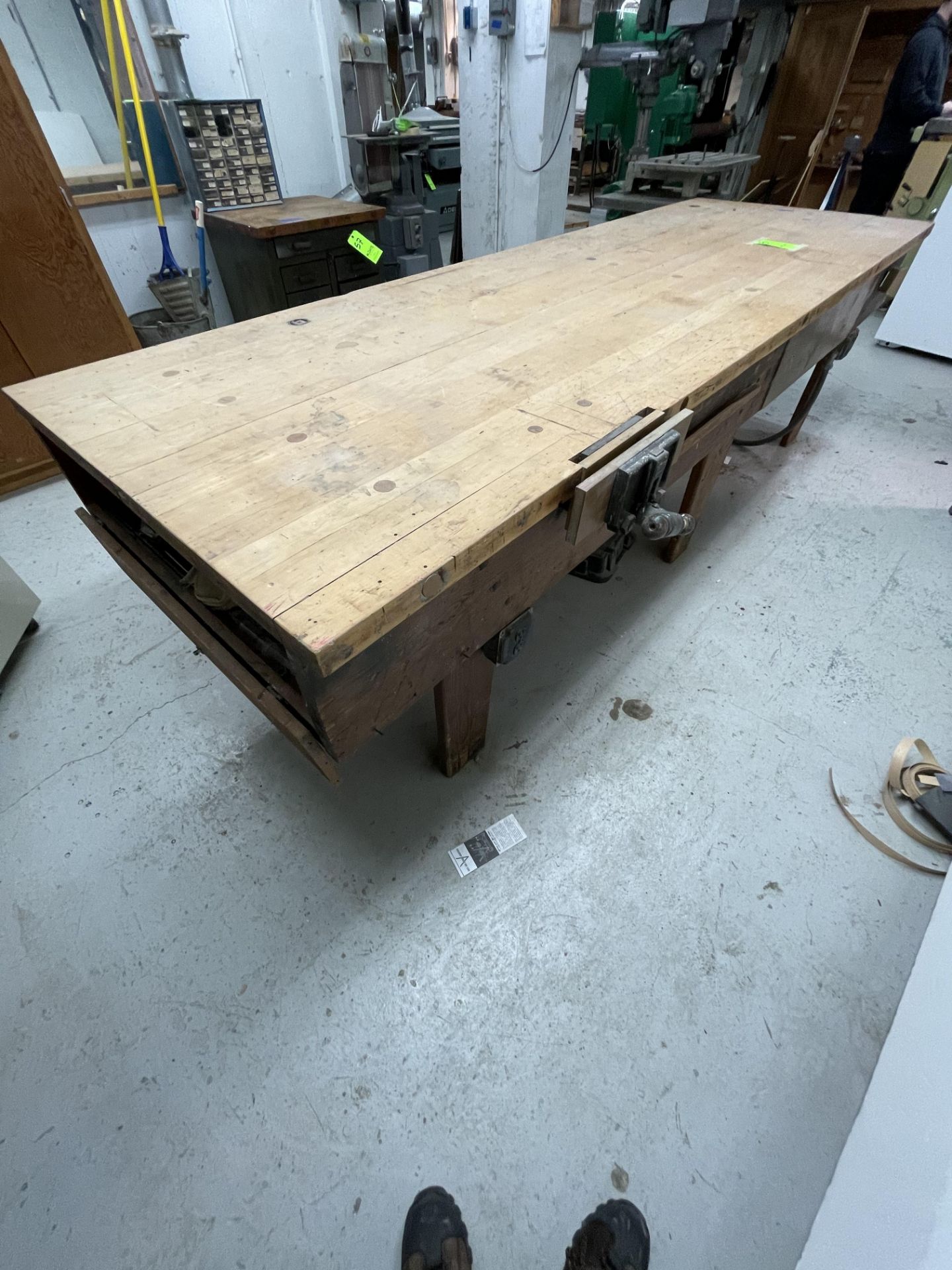 WOODEN WORKSHOP TABLE (MADE IN SHOP) WITH VICE ATTACHED, APPX DIMENSIONS 121''L x 41''W x 33''H ( - Image 6 of 9