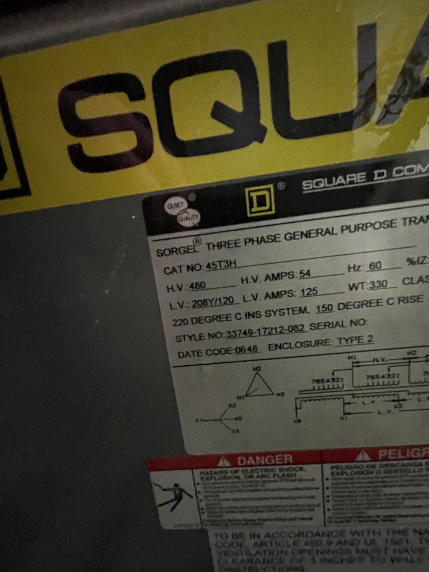 SQUARE D TRANSFORMER, 3 PHASE, 480/208/120, 45 KVA (PREVIOUSLY USED WITH THERMWOOD CNC LOT 2) (Non- - Image 5 of 6