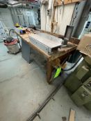 WOODSHOP TABLE WITH VICE ATTACHED, APPX DIMENSIONS OF TABLE 64''L x 54''W x 34''H (MADE IN SHOP) (