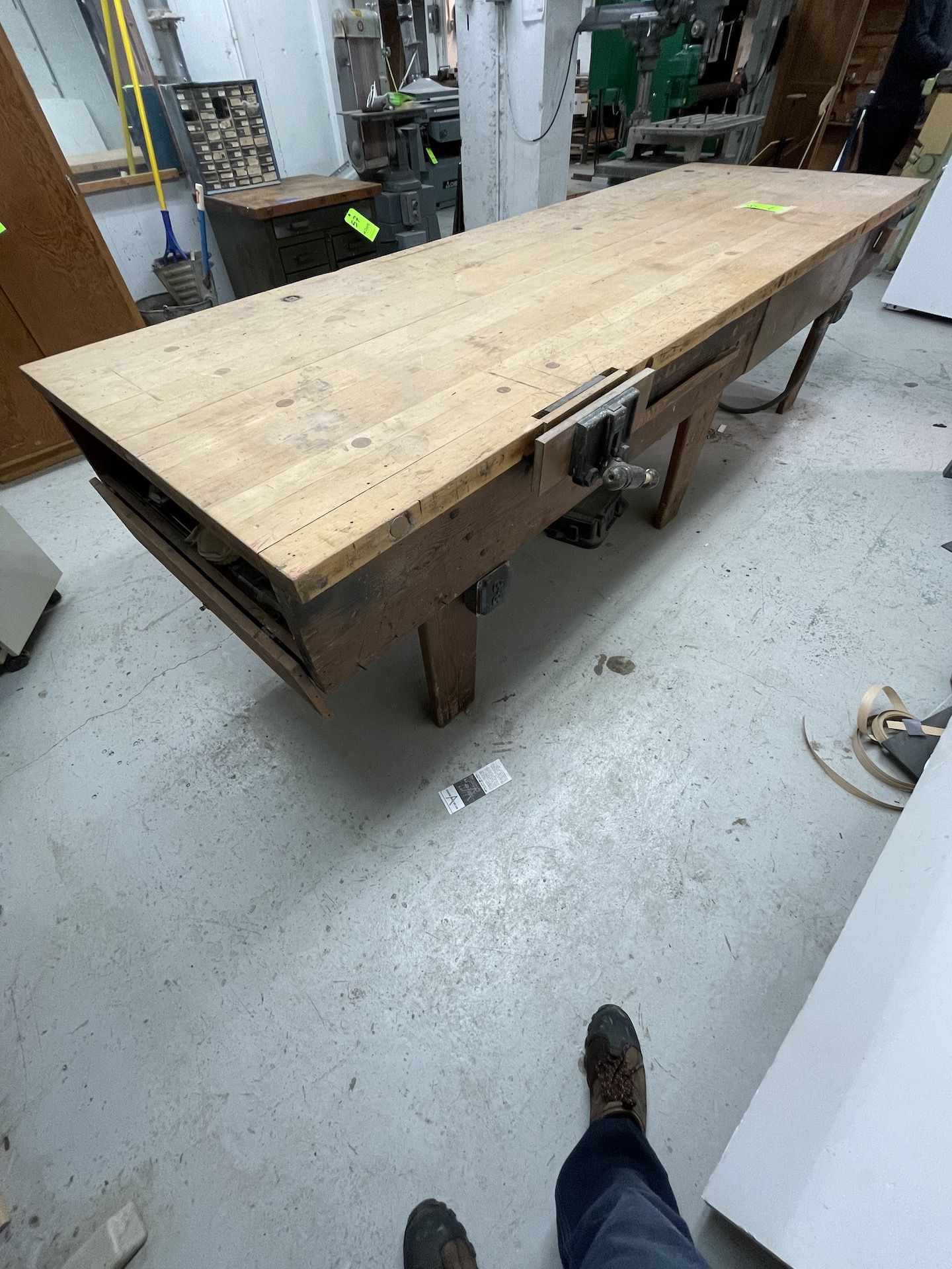 WOODEN WORKSHOP TABLE (MADE IN SHOP) WITH VICE ATTACHED, APPX DIMENSIONS 121''L x 41''W x 33''H ( - Image 2 of 9