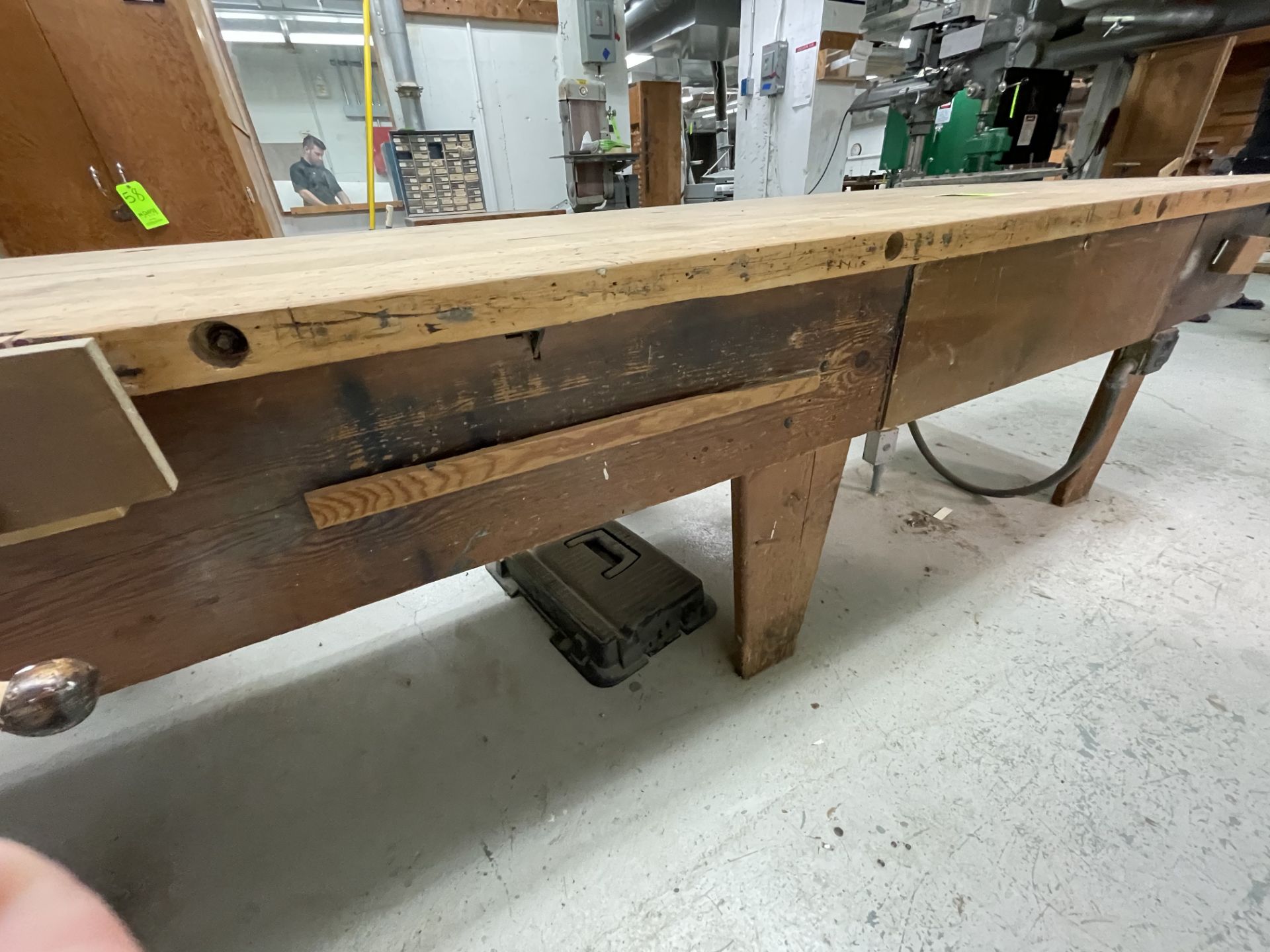 WOODEN WORKSHOP TABLE (MADE IN SHOP) WITH VICE ATTACHED, APPX DIMENSIONS 121''L x 41''W x 33''H ( - Image 9 of 9