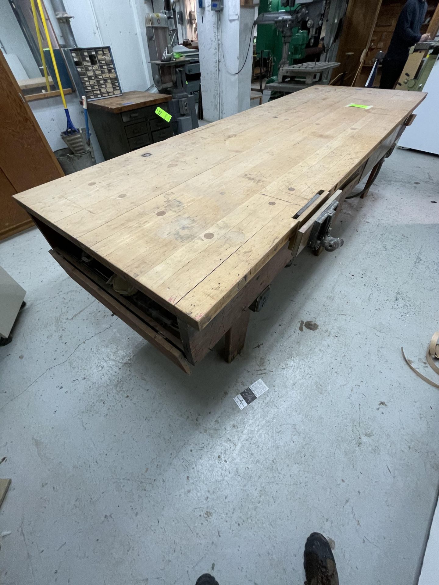 WOODEN WORKSHOP TABLE (MADE IN SHOP) WITH VICE ATTACHED, APPX DIMENSIONS 121''L x 41''W x 33''H ( - Image 3 of 9