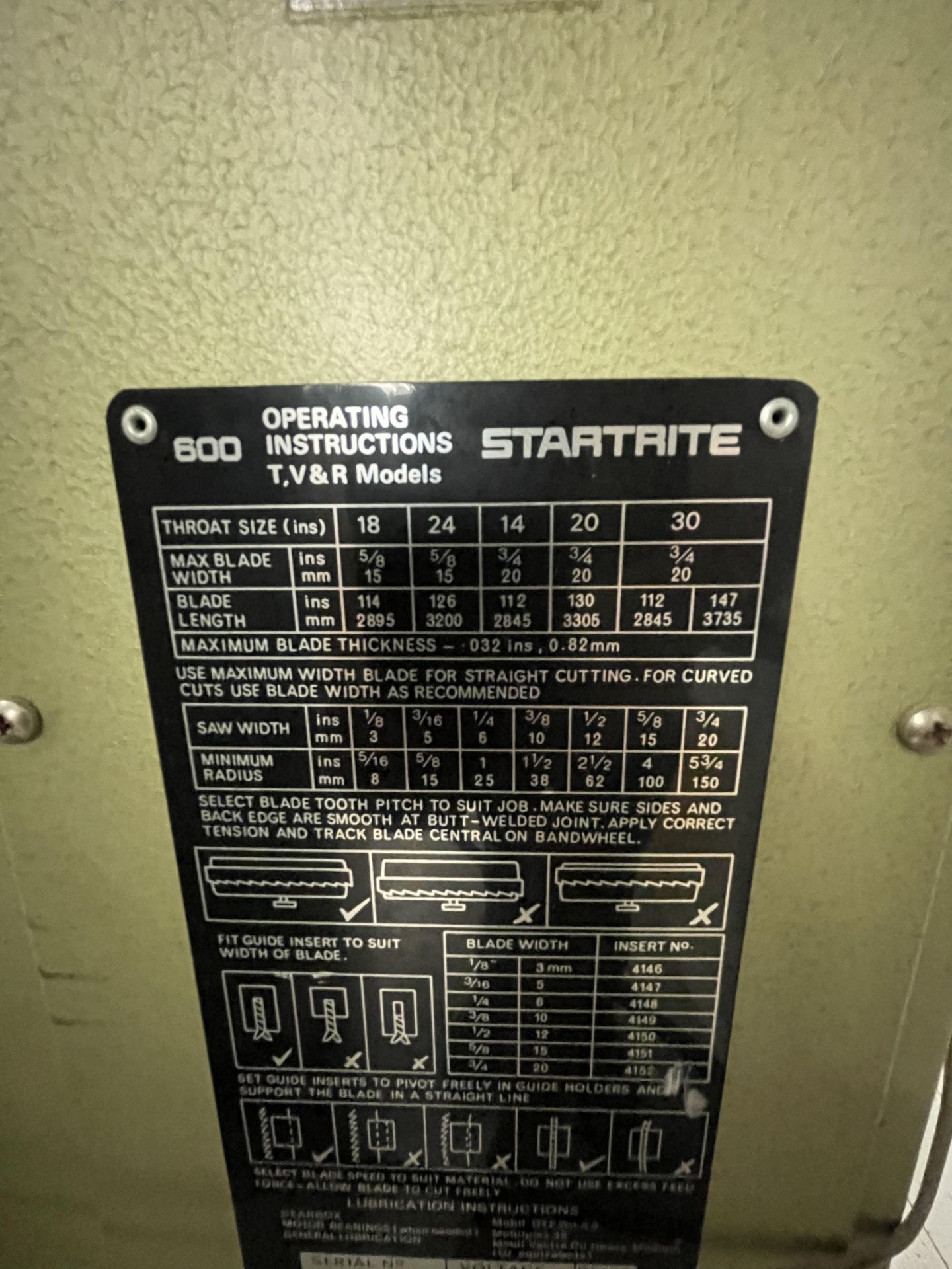 STARTRITE VERTICAL BANDSAW, MODEL 30RWS, S/N 90032, WITH STARTRITE WELDING UNITE BSO.25, S/N - Image 19 of 19