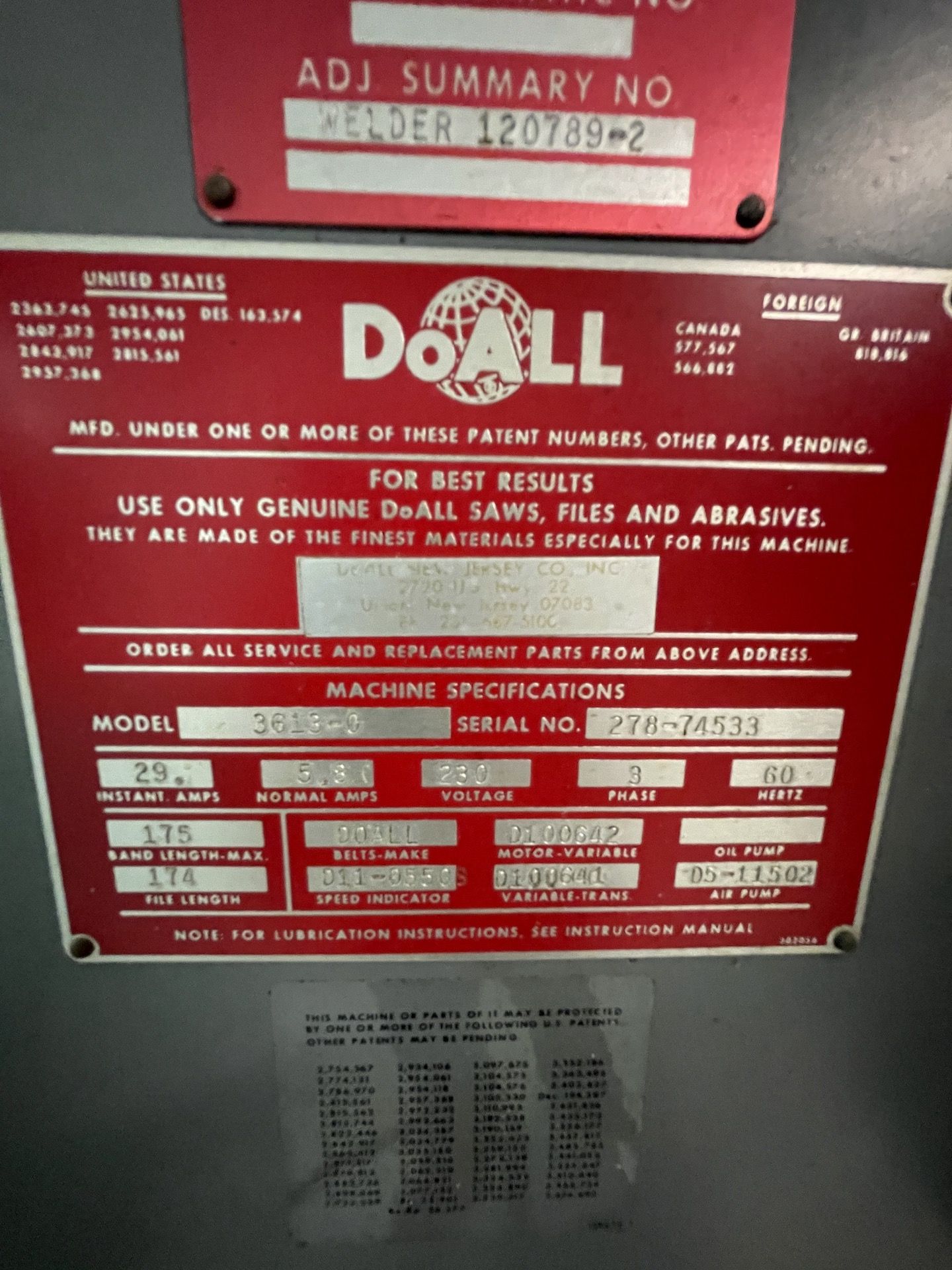 DOALL CONTOUR MACHINE/SAW, MODEL 3613-0, S/N 278-74533, INCLUDES DOALL WELDER, MODEL DBW-15, S/N - Image 6 of 13