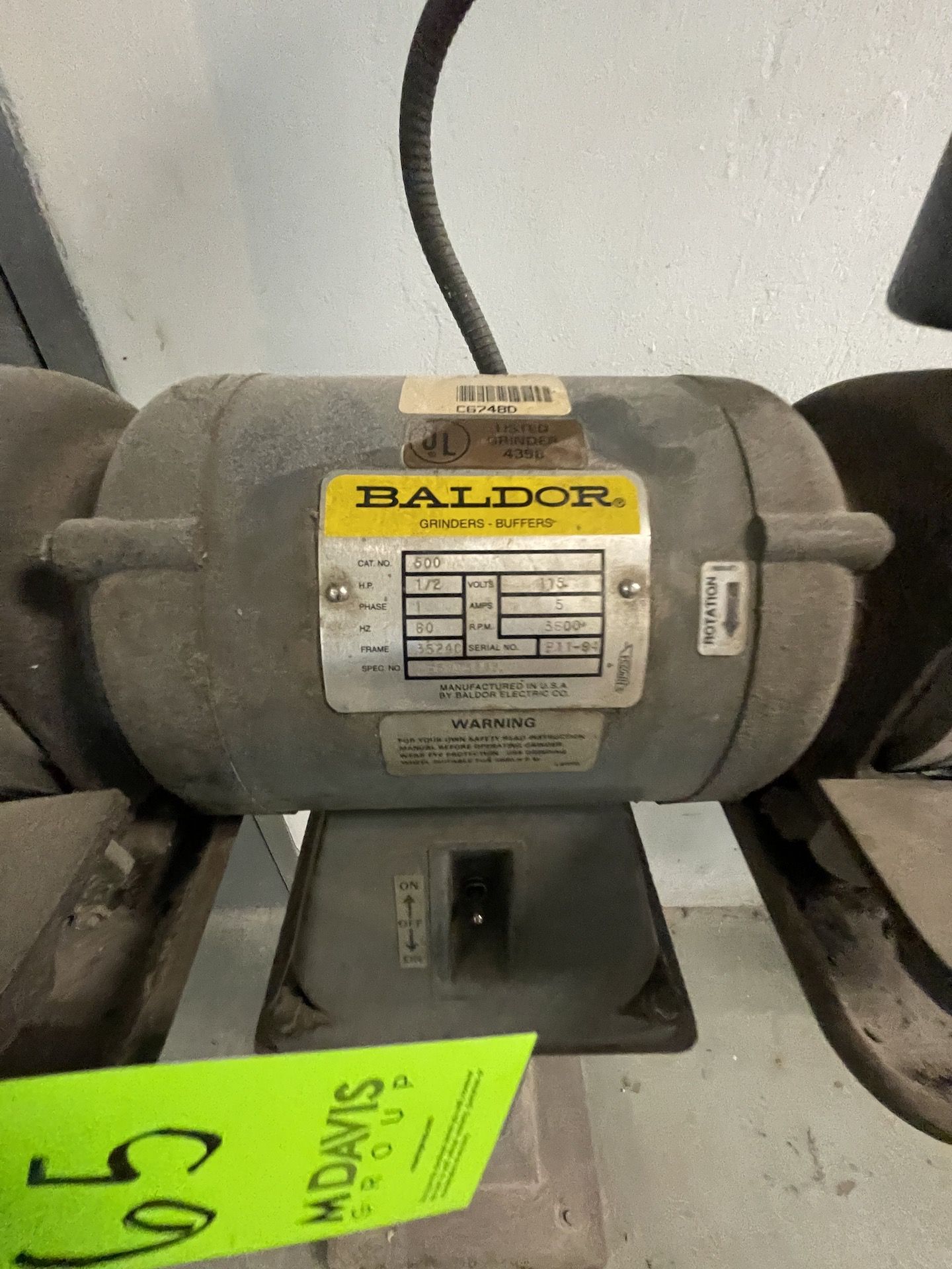 (1) BALDOR DOUBLE-END GRINDER, MODEL 439B, S/N P11-94, 1/2 HP, 3600 RPM (Non-Negotiable Rigging, - Image 4 of 4