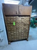 WOODEN HARDWARE CABINET (HISTORIC ITEM - MADE IN SHOP - 96 SMALL COMPARTMENTS, 2 LARGE), INCLUDES