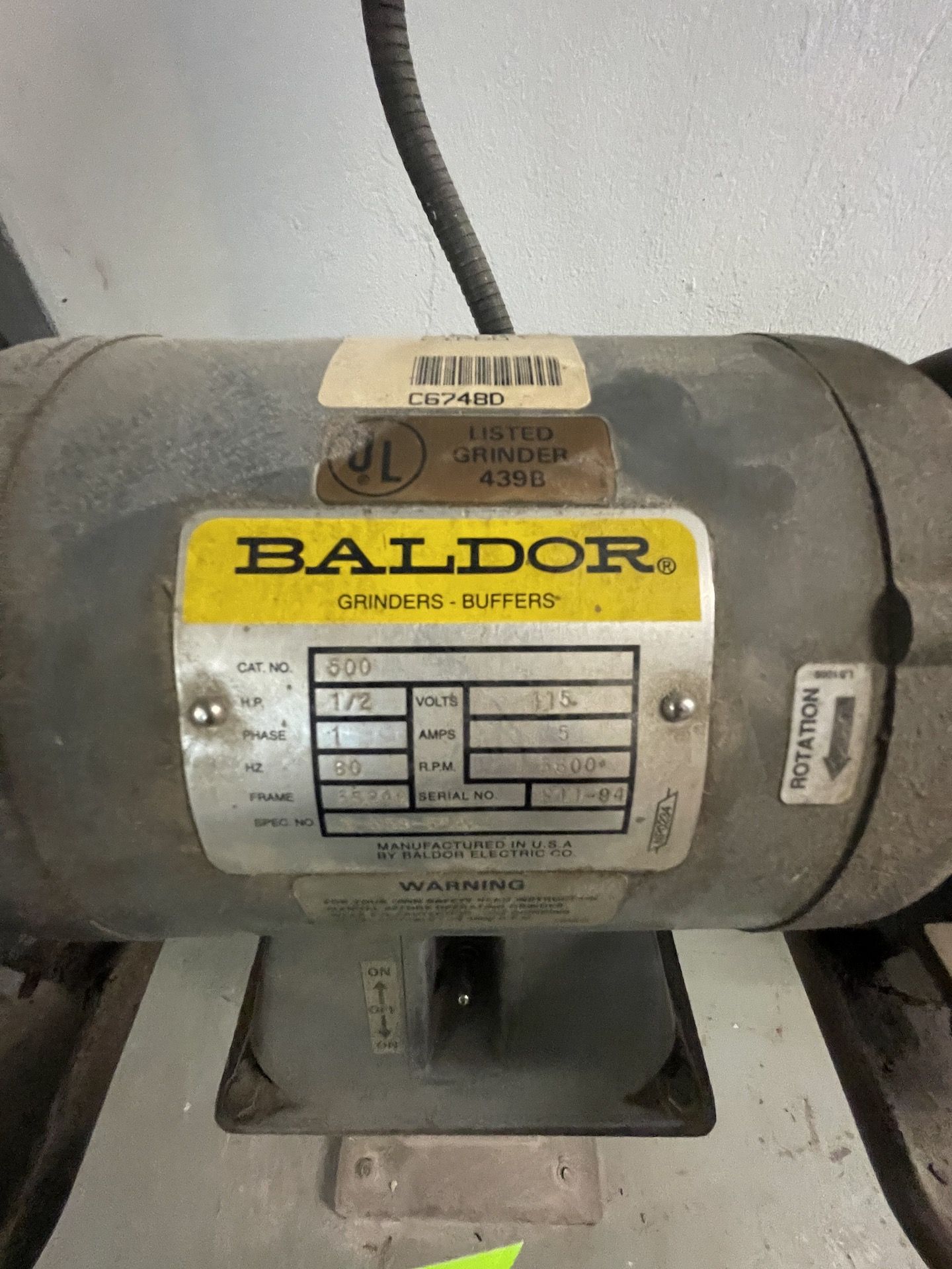 (1) BALDOR DOUBLE-END GRINDER, MODEL 439B, S/N P11-94, 1/2 HP, 3600 RPM (Non-Negotiable Rigging, - Image 2 of 4