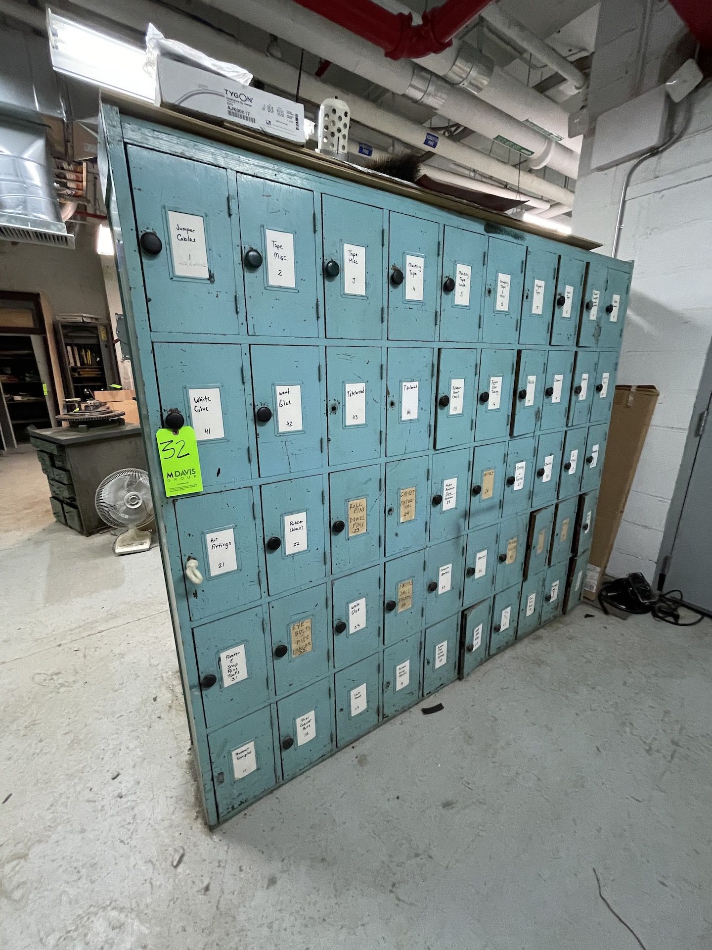 MACHINE & WOOD SHOP 50-COMPARTMENT STORAGE CABINET, DOORS OF CABINET MADE OF OAK, INCLUDES