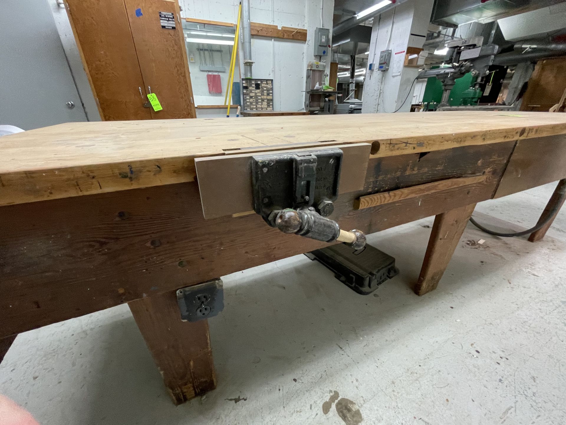 WOODEN WORKSHOP TABLE (MADE IN SHOP) WITH VICE ATTACHED, APPX DIMENSIONS 121''L x 41''W x 33''H ( - Image 8 of 9