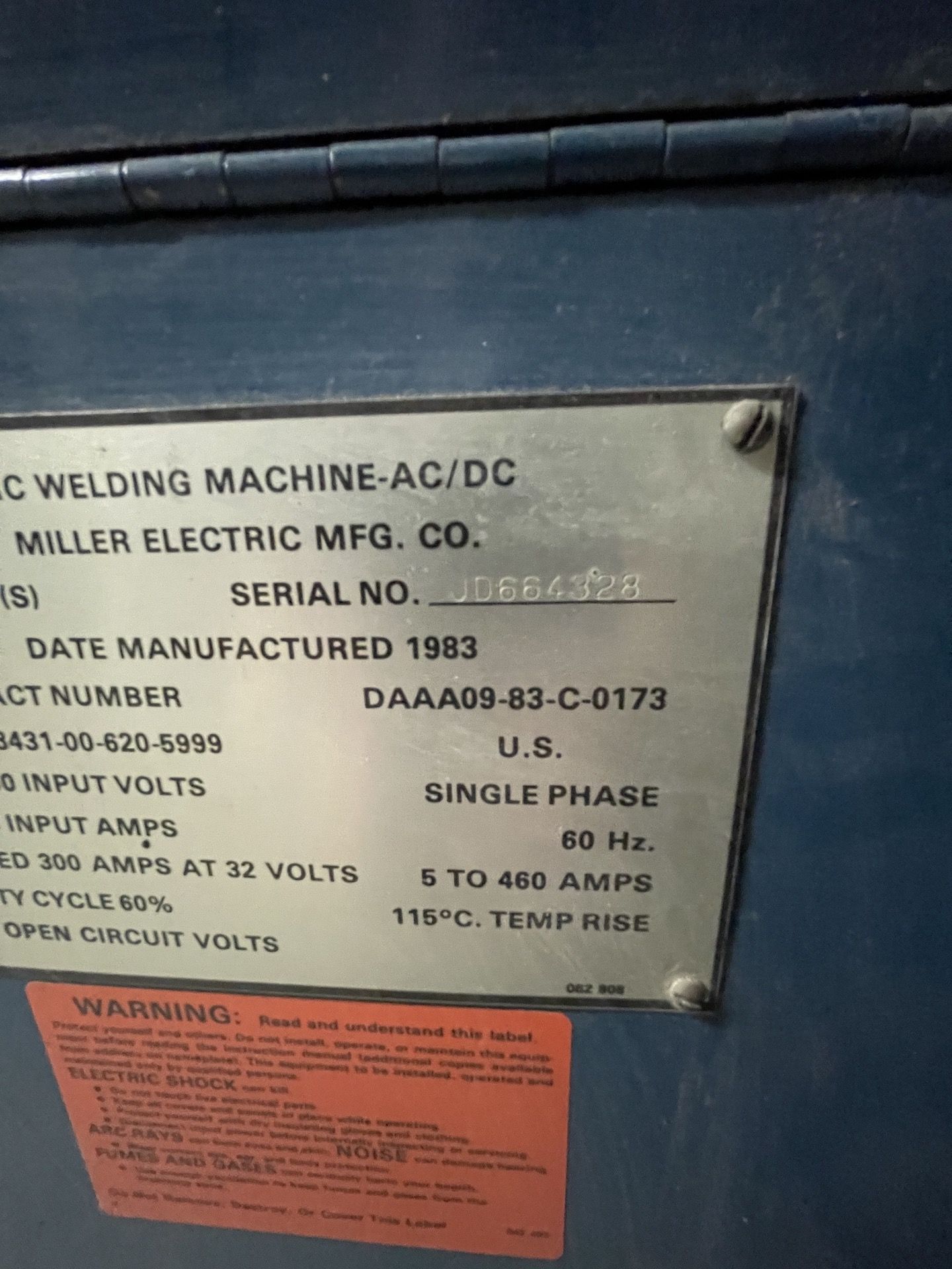 MILLER ARC WELDER, MODEL A/B/P(S), S/N JD664328, (Non-Negotiable Rigging, Packaging and Loading Fee: - Image 5 of 6