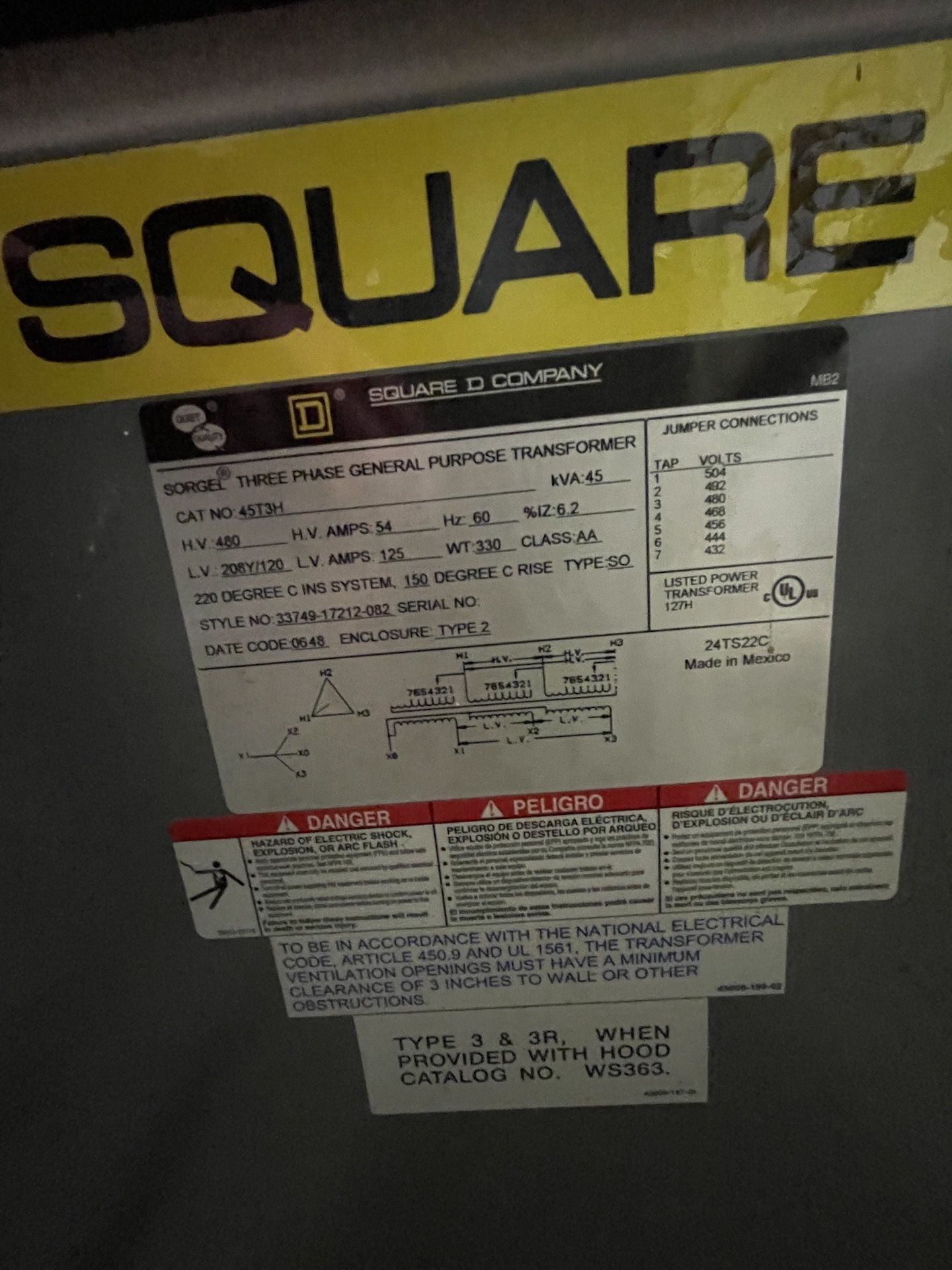 SQUARE D TRANSFORMER, 3 PHASE, 480/208/120, 45 KVA (PREVIOUSLY USED WITH THERMWOOD CNC LOT 2) (Non- - Image 3 of 6