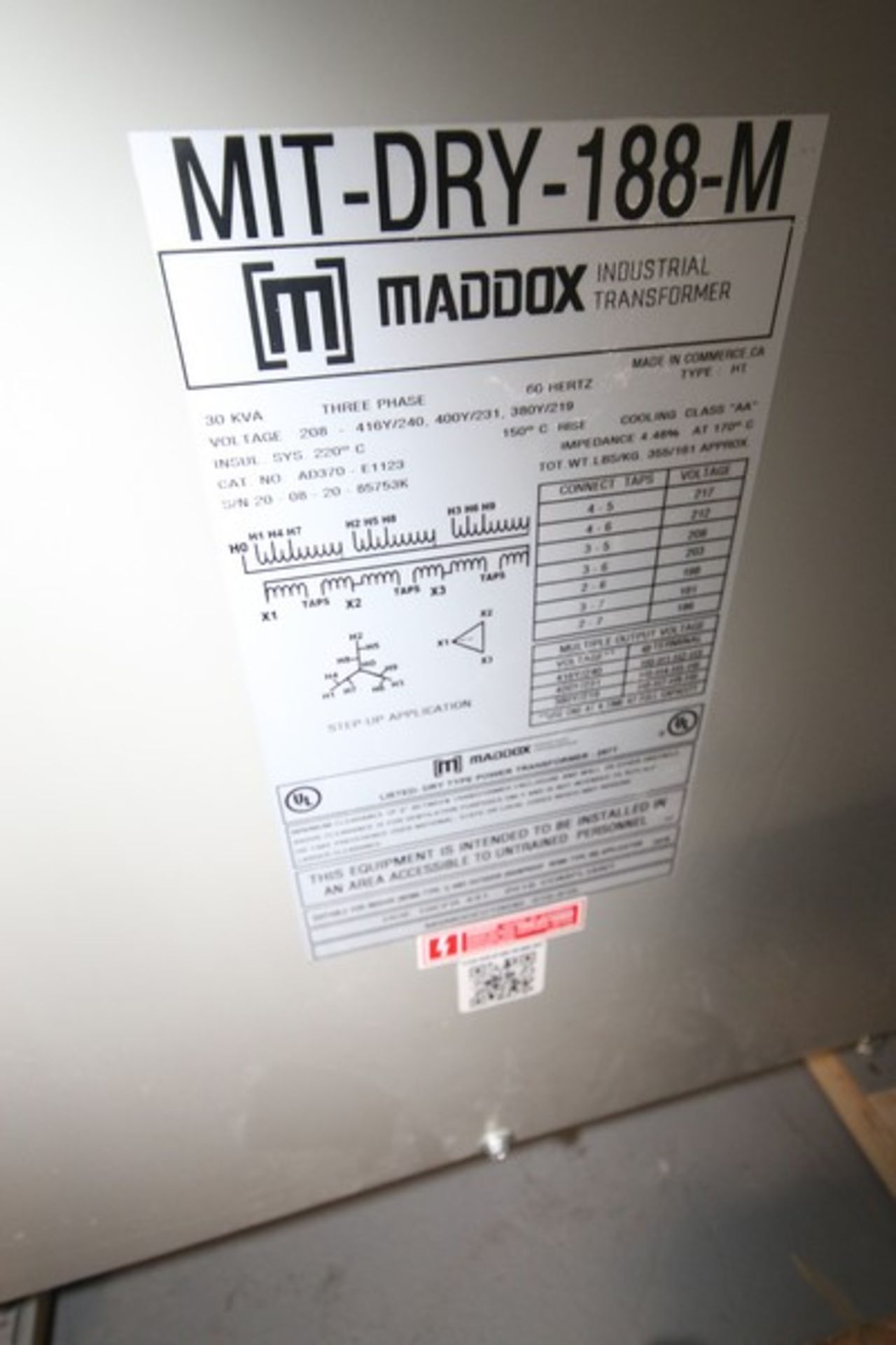 Maddox Transformer, Voltage 208-416 Y/240, 30 KVA, 3 Phase, Cat. No.: AD37-E1123, S/N 20-08- - Image 2 of 2