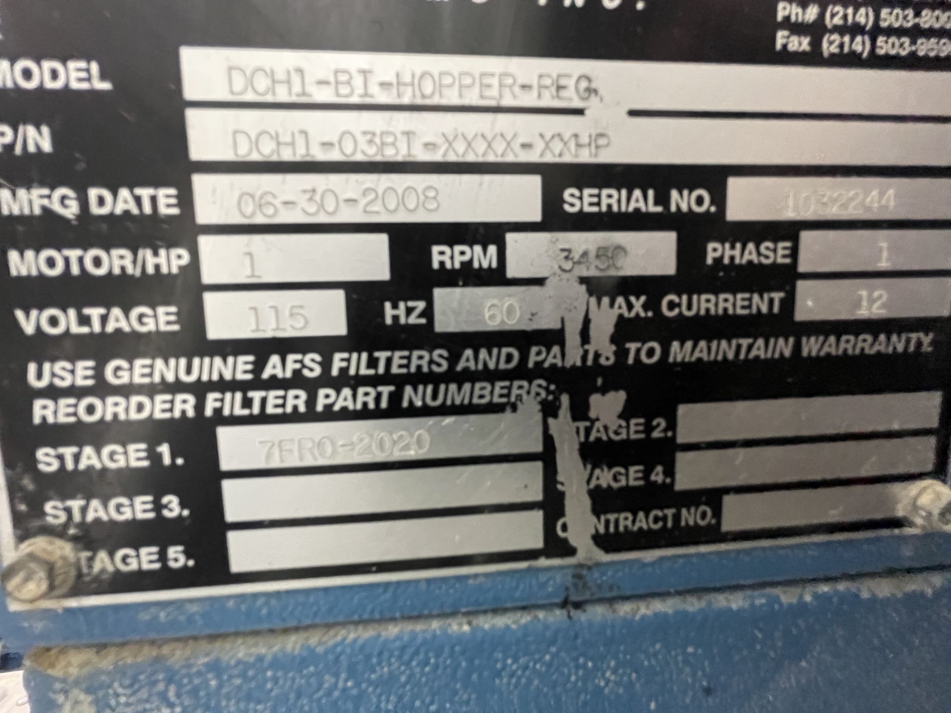 2008 AIRFLOW SYSTEMS DUST COLLECTOR, MODEL DCH1-BT-H, S/N DCH1-032TXXXX20, 30" W X 53" H X 24" D, 6" - Image 8 of 9